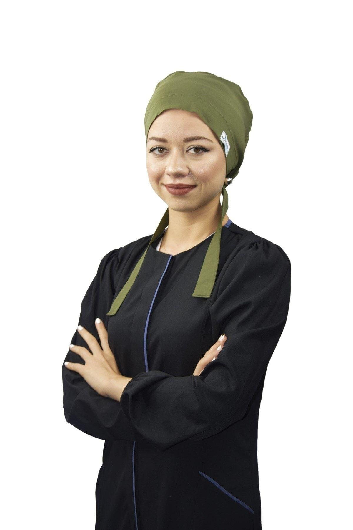 Kadın Tesettür Düz Haki Yeşil Doktor Hemşire Aşçı Tesettür Cerrahi Bone-Nur Medikal Giyim