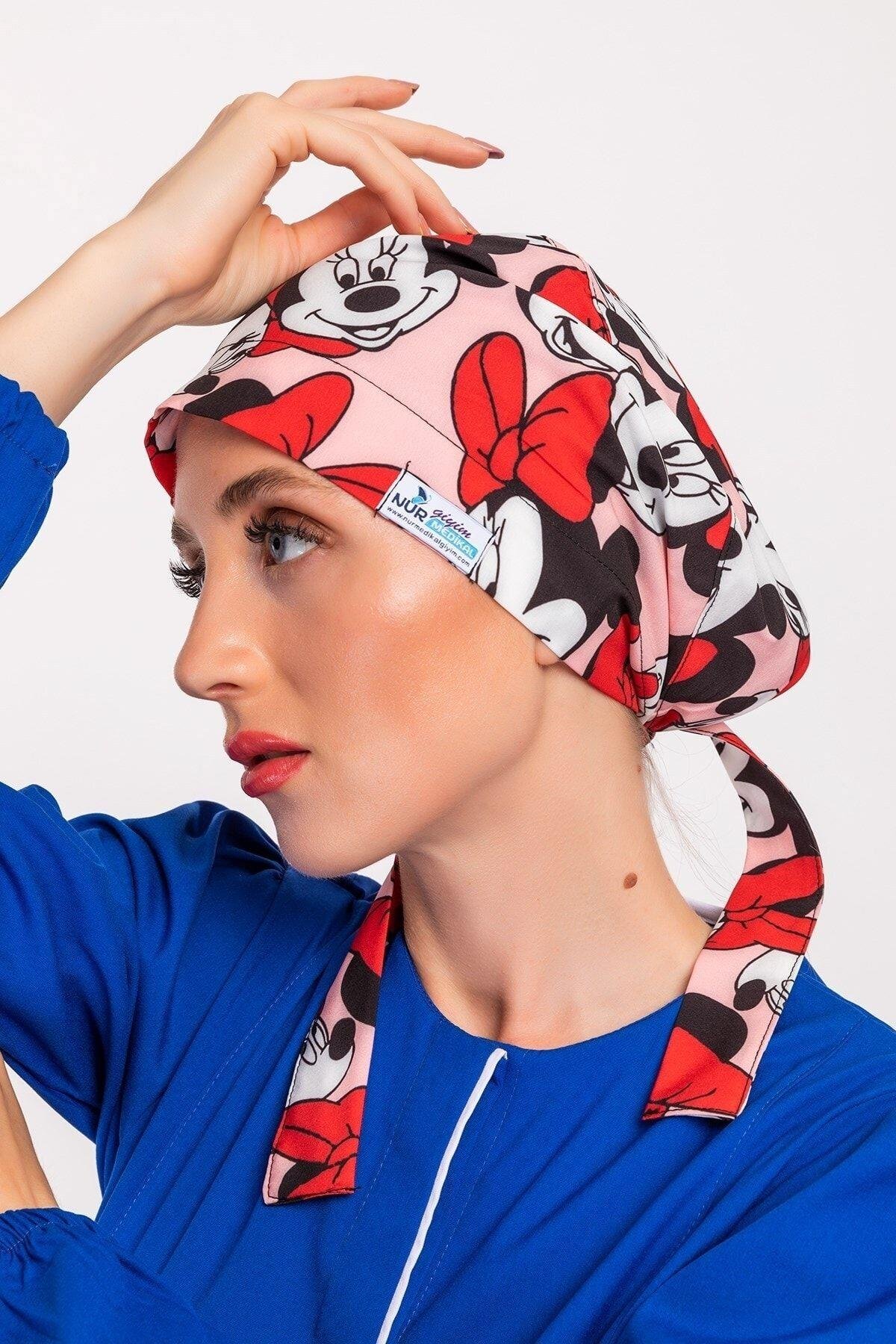 Kadın Tesettür Hemşire Bonesi - Pudra Mickey-Nur Medikal Giyim