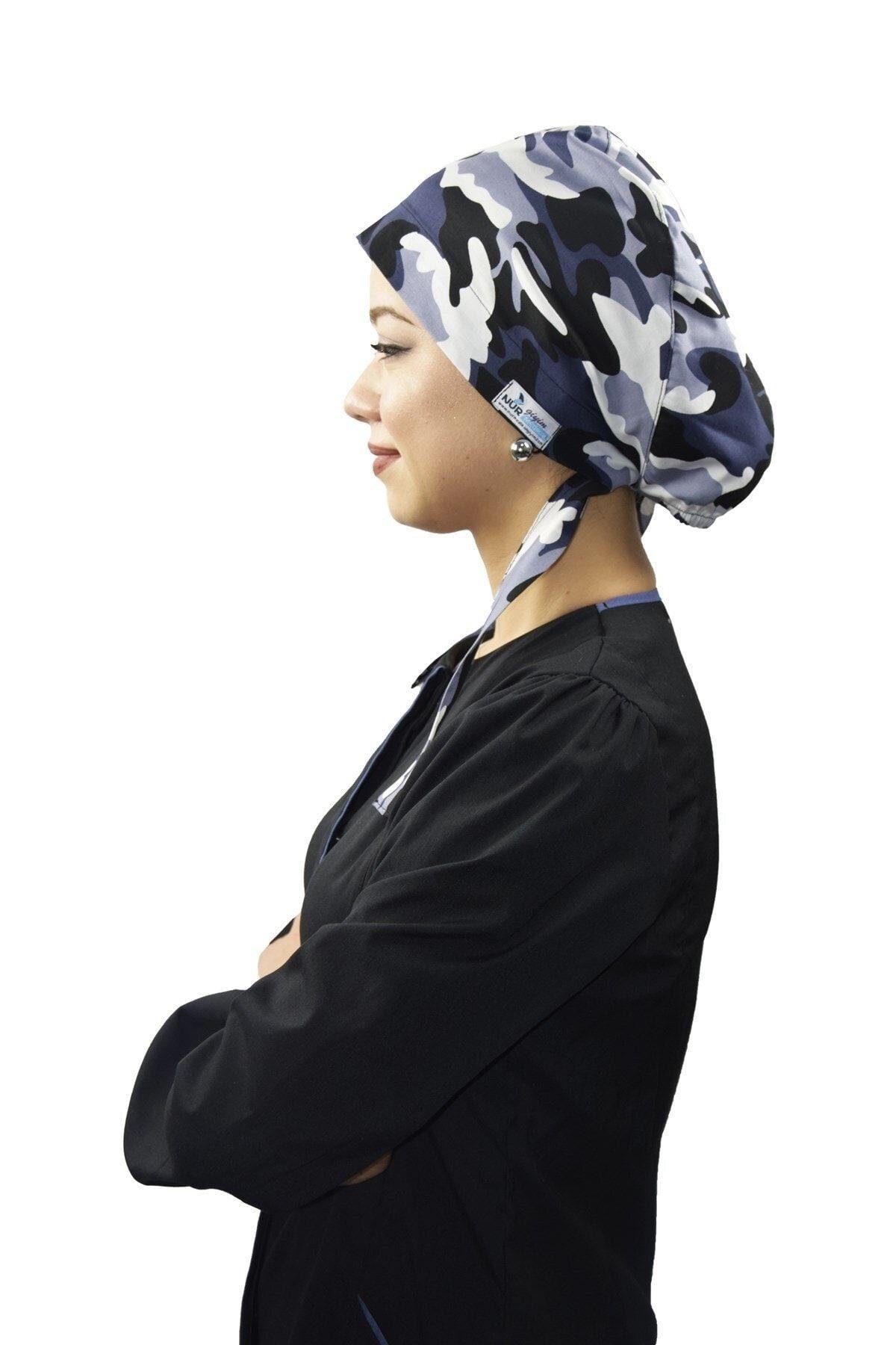 Kadın Tesettür Kamuflaj Desenli Doktor Hemşire Hastane Aşçı Cerrahi Tesettür Bonesi-Nur Ortopedi