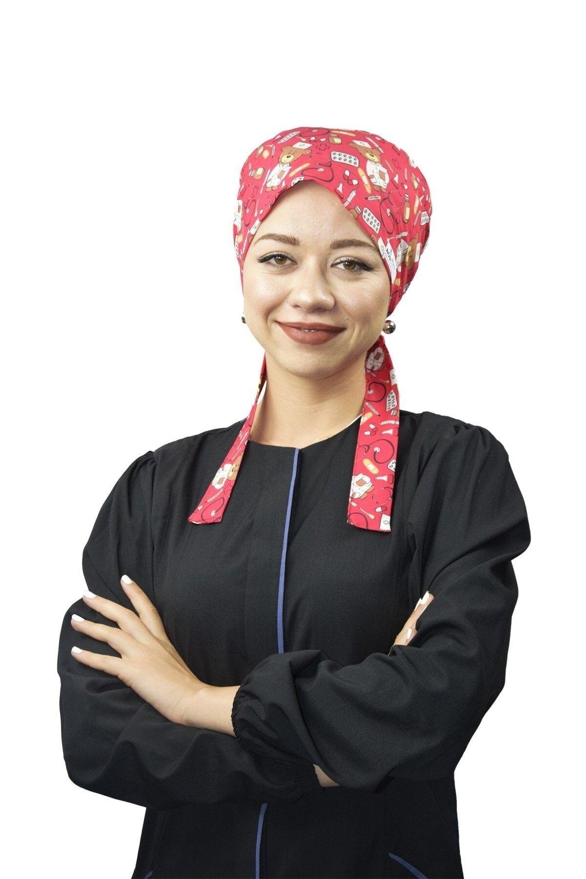 Kadın Tesettür Kırmızı Ayıcık Doktor Hemşire Hastane Aşçı Cerrahi Tesettür Bonesi-Nur Medikal Giyim