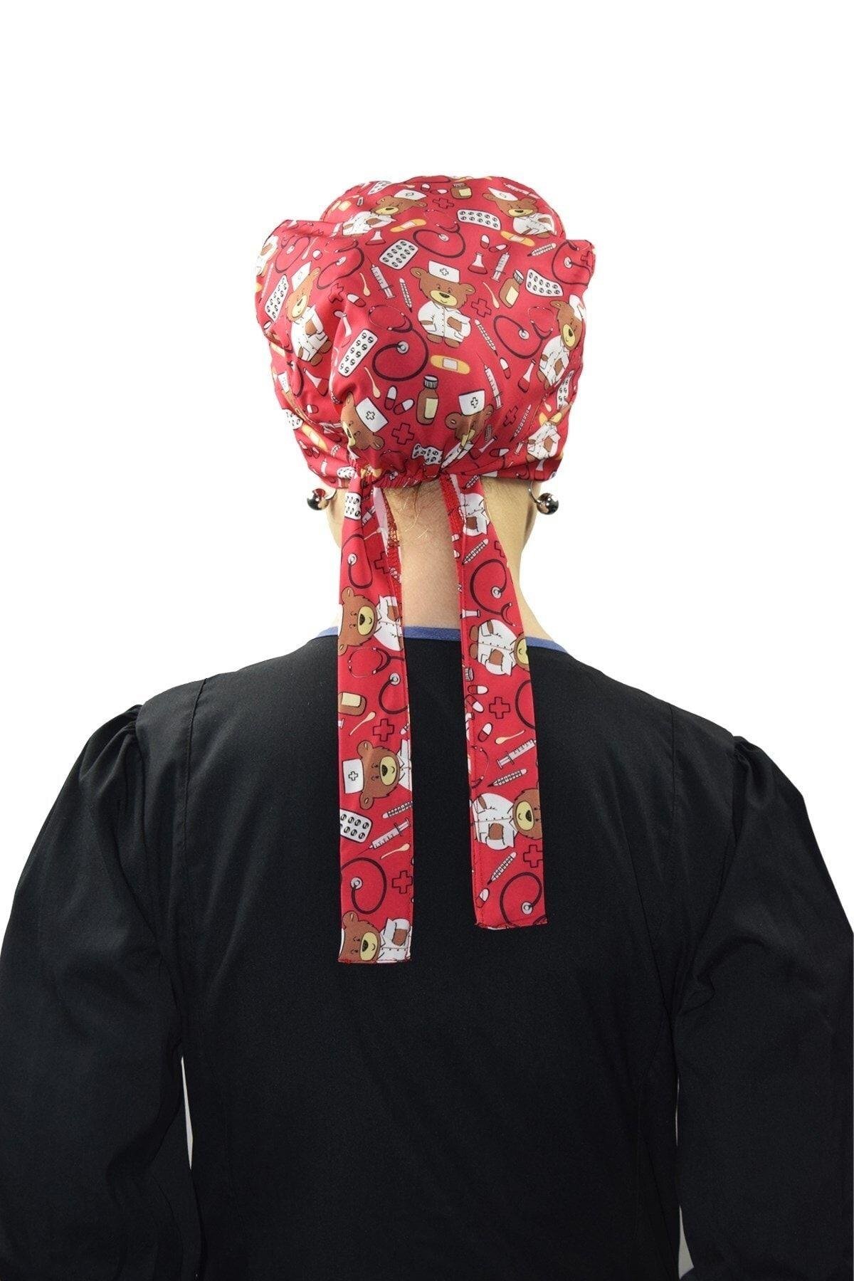 Kadın Tesettür Kırmızı Ayıcık Doktor Hemşire Hastane Aşçı Cerrahi Tesettür Bonesi-Nur Medikal Giyim