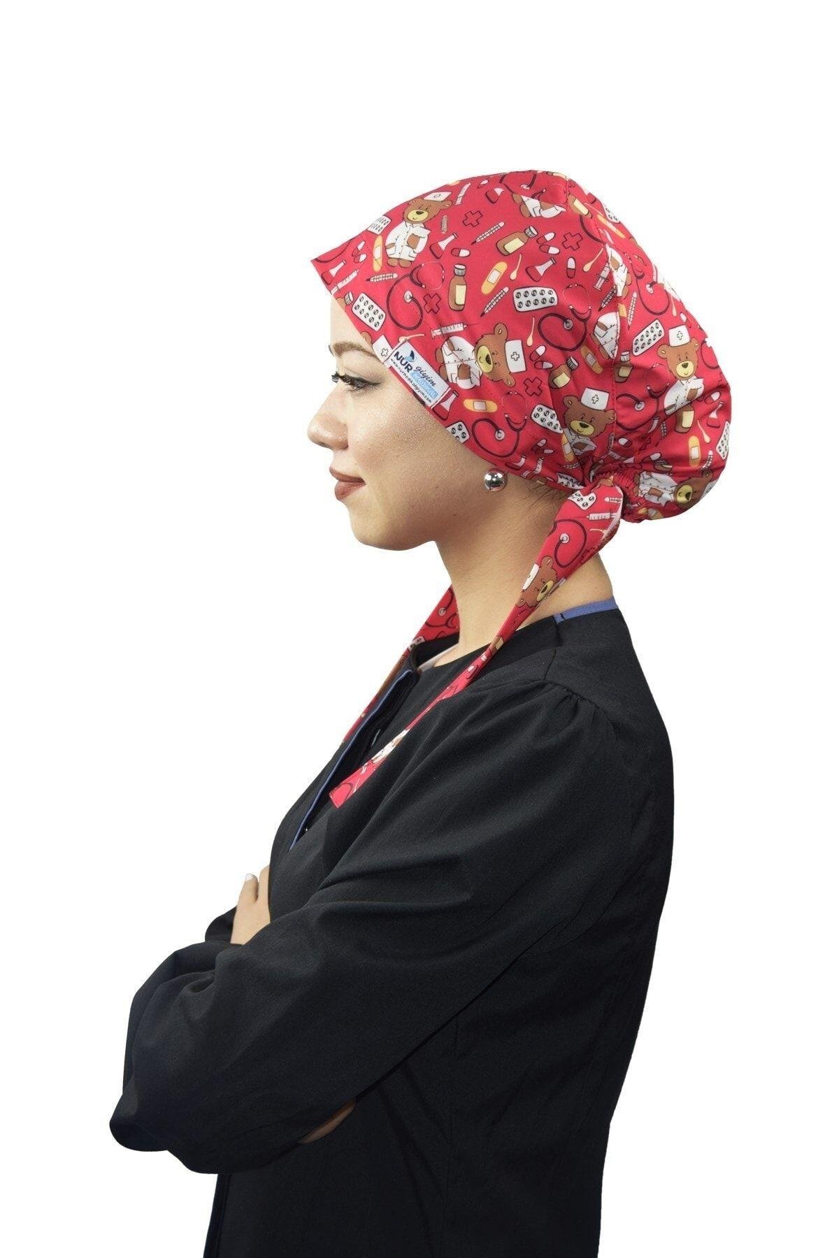 Kadın Tesettür Kırmızı Ayıcık Doktor Hemşire Hastane Aşçı Cerrahi Tesettür Bonesi-Nur Medikal Giyim