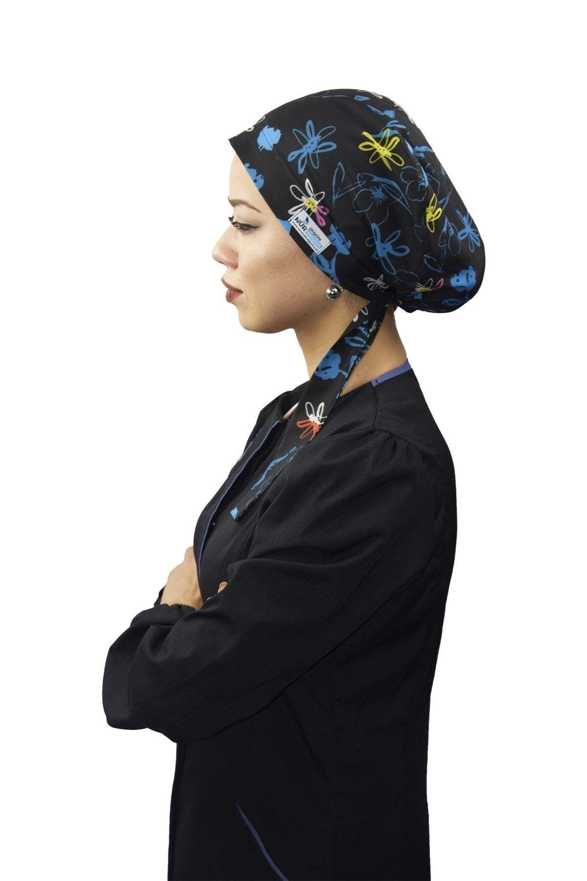 Kadın Tesettür Lacivert Çiçekli Doktor Hemşire Hastane Aşçı Bonesi-Nur Ortopedi