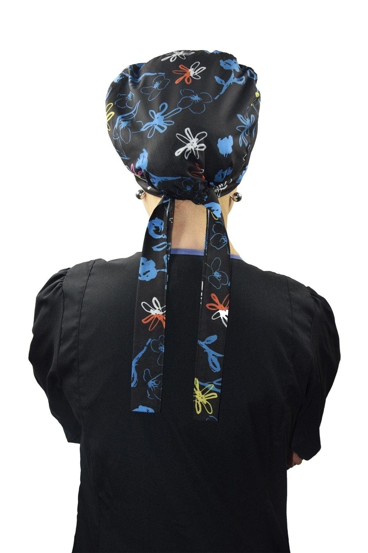 Kadın Tesettür Lacivert Çiçekli Doktor Hemşire Hastane Aşçı Bonesi-Nur Ortopedi