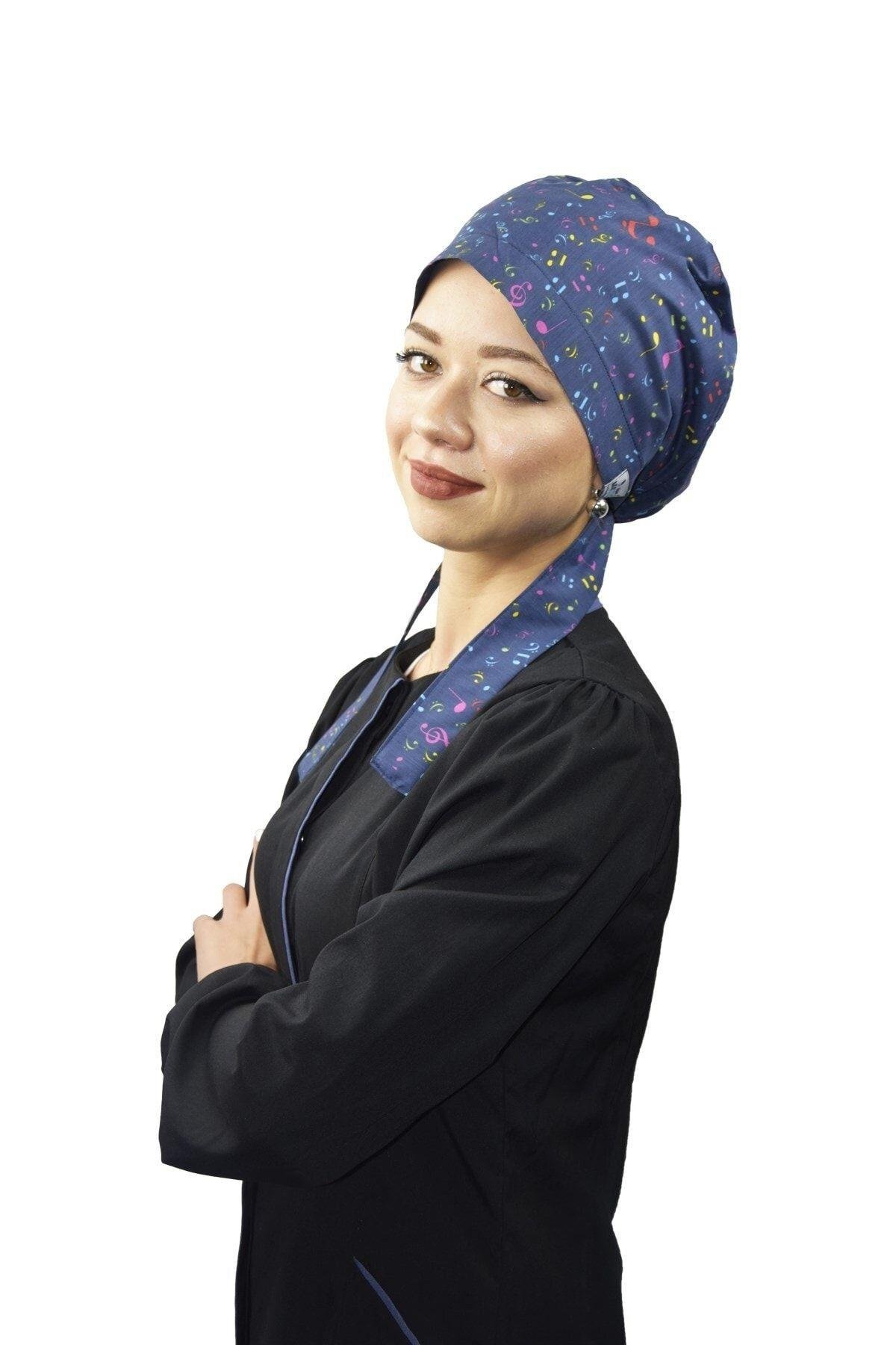Kadın Tesettür Lacivert Nota Desenli Doktor Hemşire Hastane Aşçı Bonesi-Nur Ortopedi
