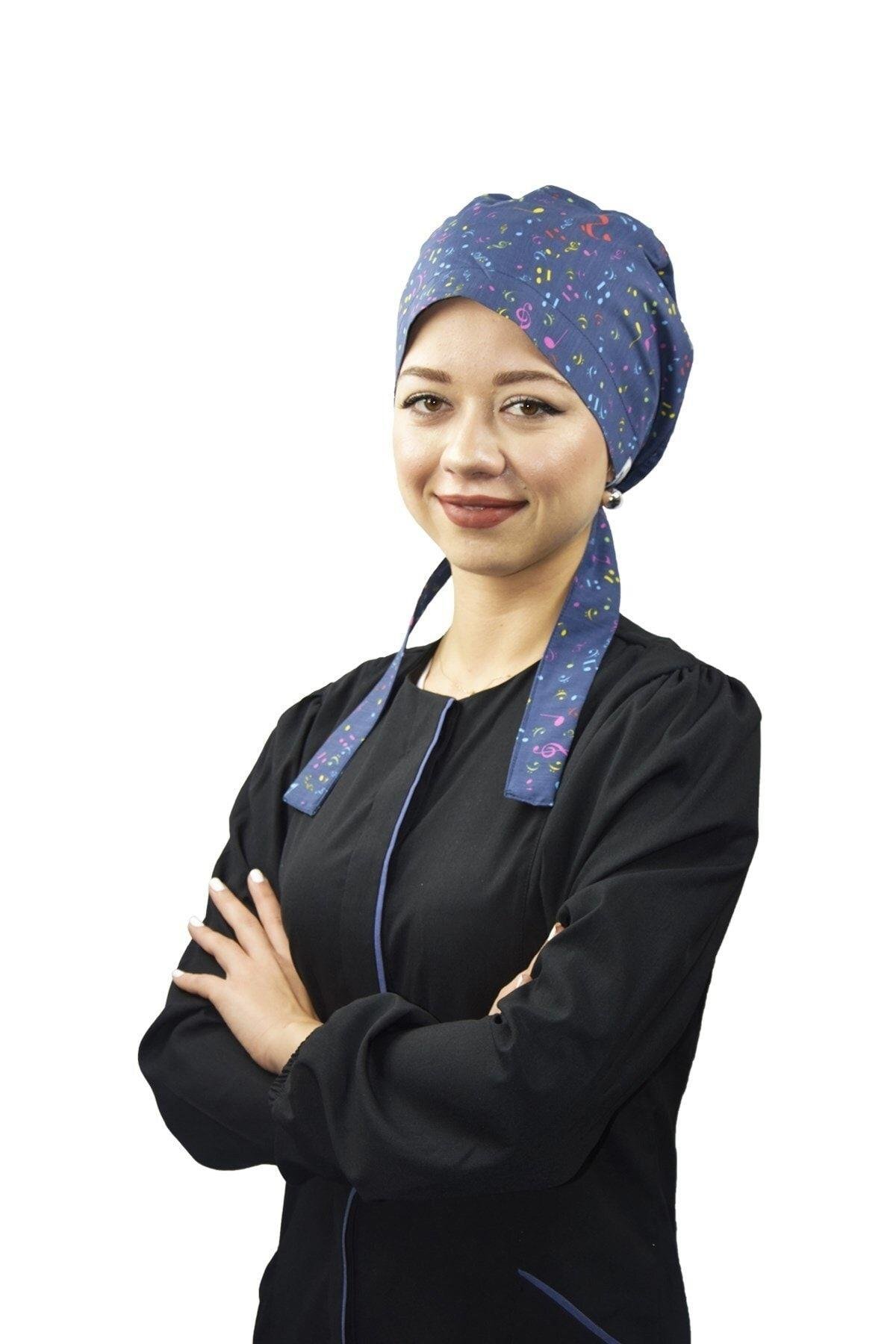 Kadın Tesettür Lacivert Nota Desenli Doktor Hemşire Hastane Aşçı Bonesi-Nur Ortopedi