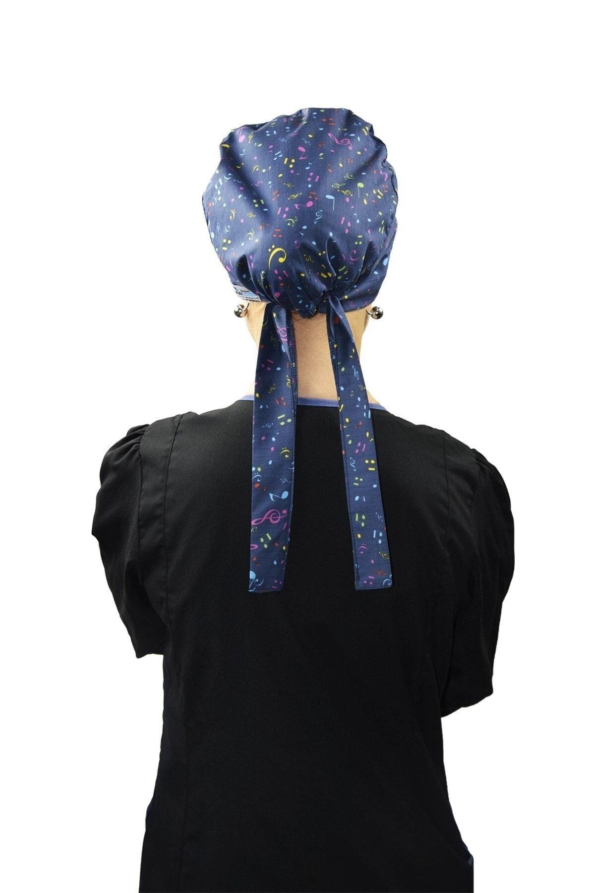 Kadın Tesettür Lacivert Nota Desenli Doktor Hemşire Hastane Aşçı Bonesi-Nur Ortopedi