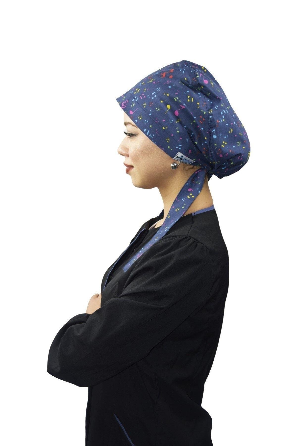 Kadın Tesettür Lacivert Nota Desenli Doktor Hemşire Hastane Aşçı Bonesi-Nur Ortopedi