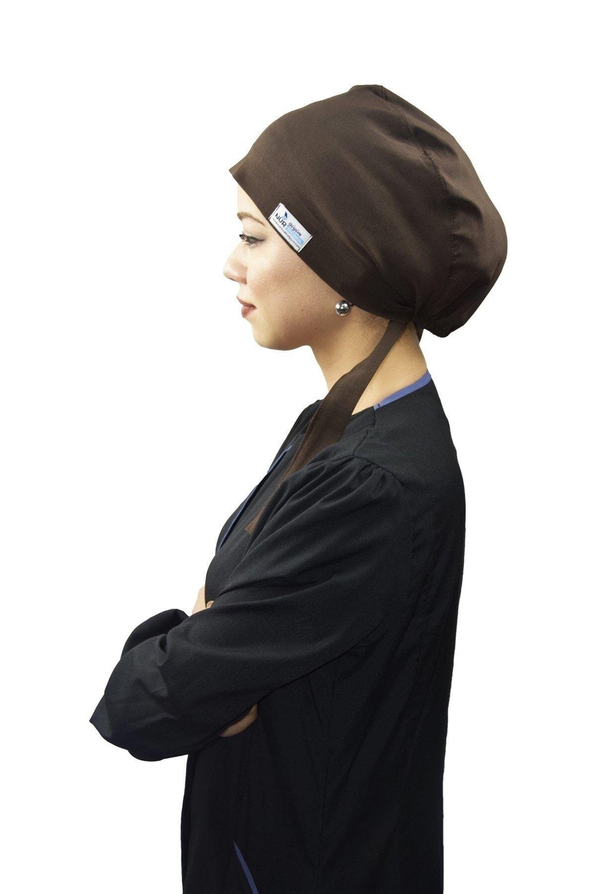 Kadın Tesettür Likralı Koyu Kahverengi Doktor Hemşire Aşçı Cerrahi Tesettür Bonesi-Nur Ortopedi