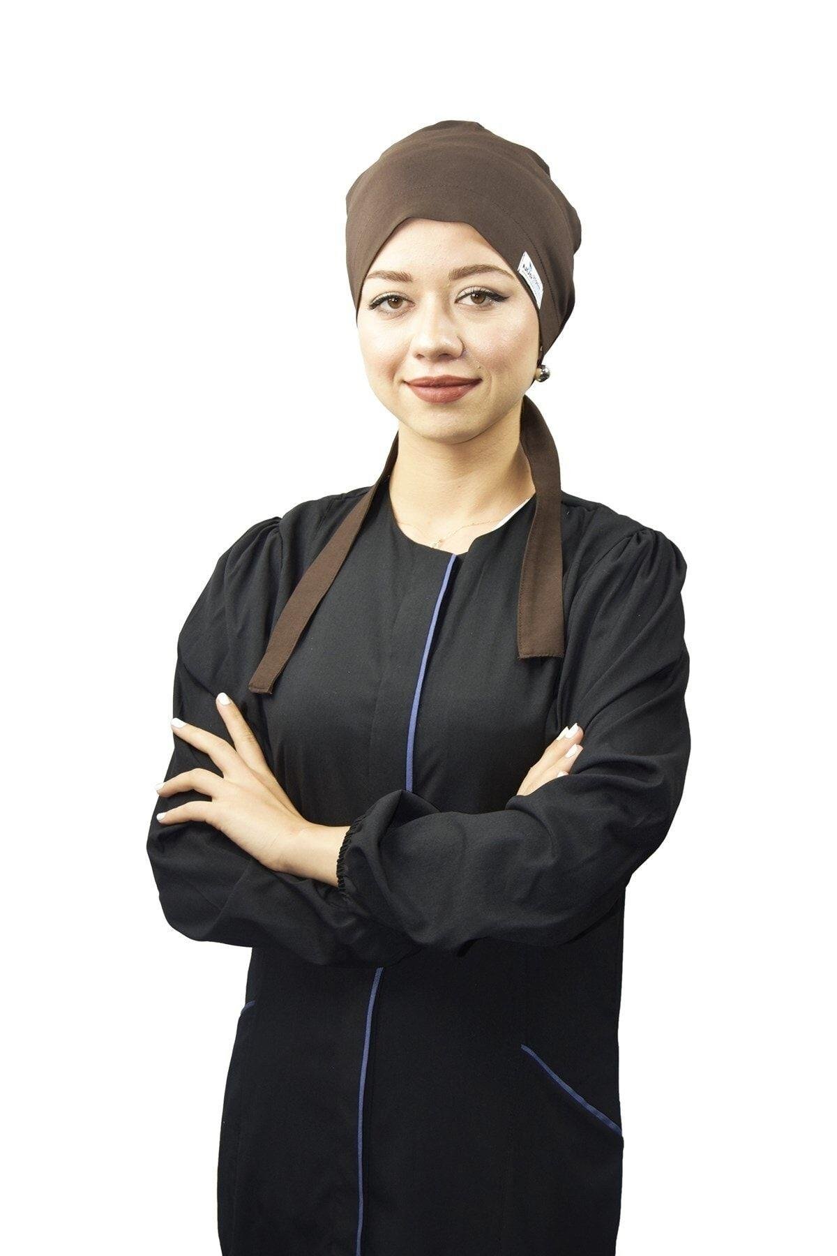 Kadın Tesettür Likralı Koyu Kahverengi Doktor Hemşire Aşçı Cerrahi Tesettür Bonesi-Nur Ortopedi
