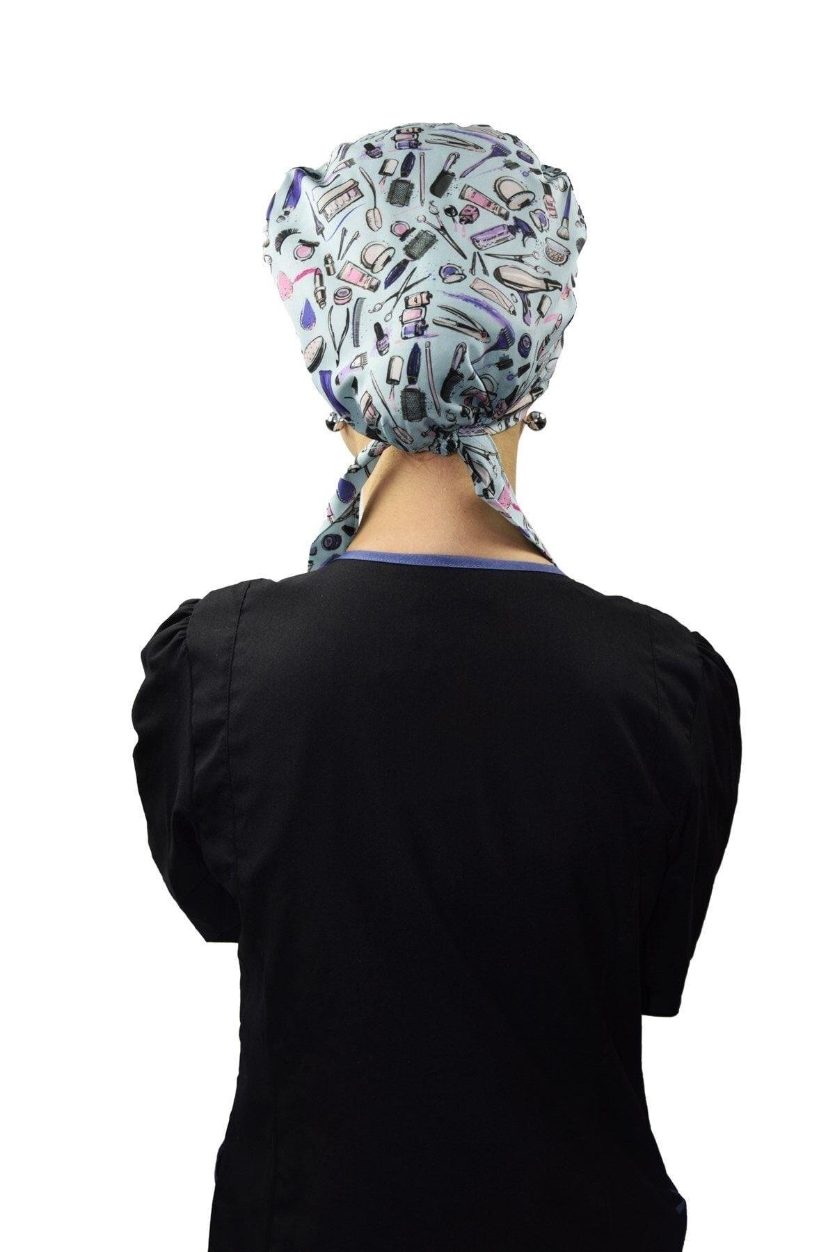 Kadın Tesettür Mavi Güzellik Desen Likralı Hemşire Doktor Hastane Bonesi-Nur Medikal Giyim