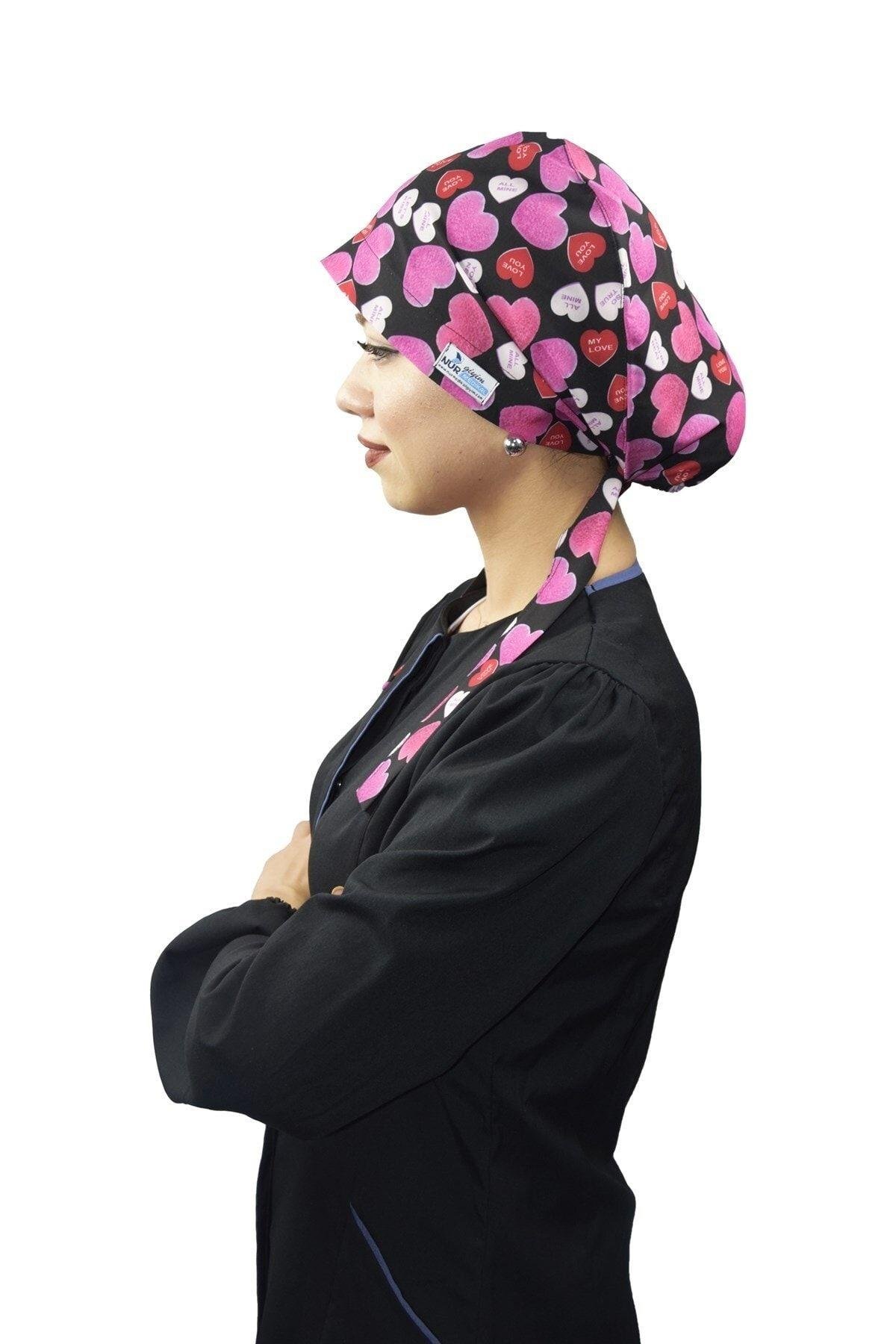 Kadın Tesettür Pembe Kalpler Doktor Hemşire Hastane Aşçı Tesettür Cerrahi Bone-Nur Medikal Giyim