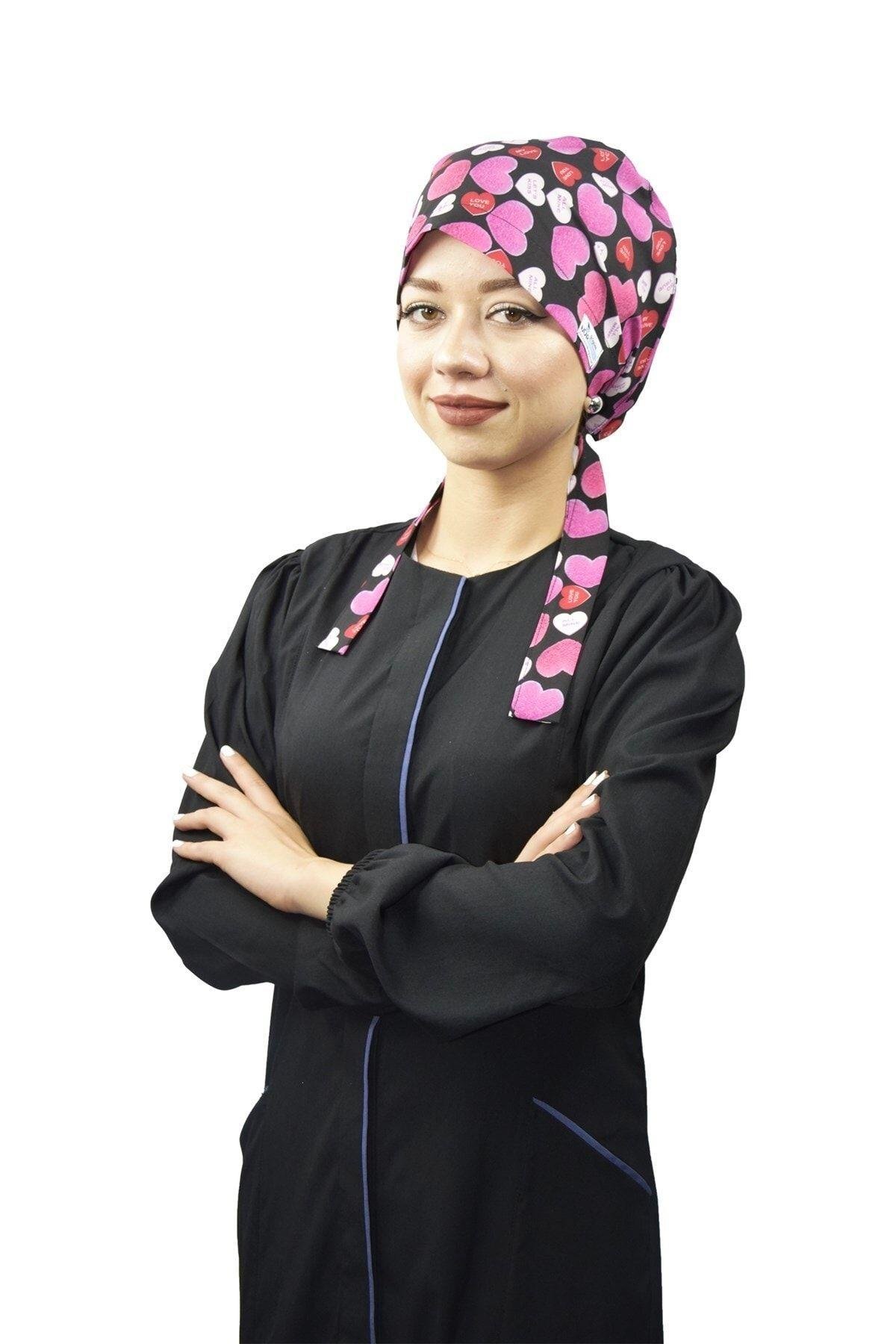 Kadın Tesettür Pembe Kalpler Doktor Hemşire Hastane Aşçı Tesettür Cerrahi Bone-Nur Medikal Giyim