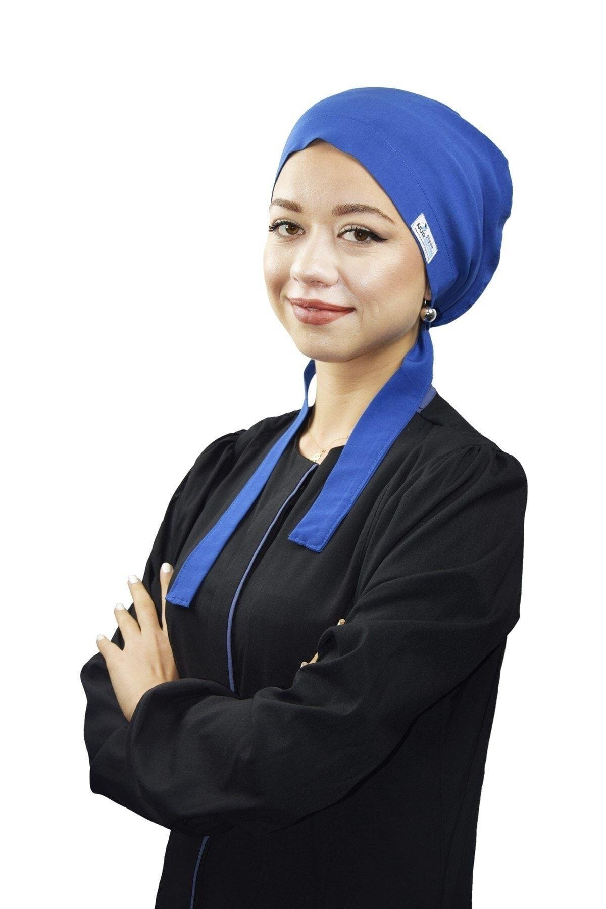 Kadın Tesettür Saks Mavi Doktor Hemşire Hastane Aşçı Cerrahi Tesettür Bonesi-Nur Ortopedi