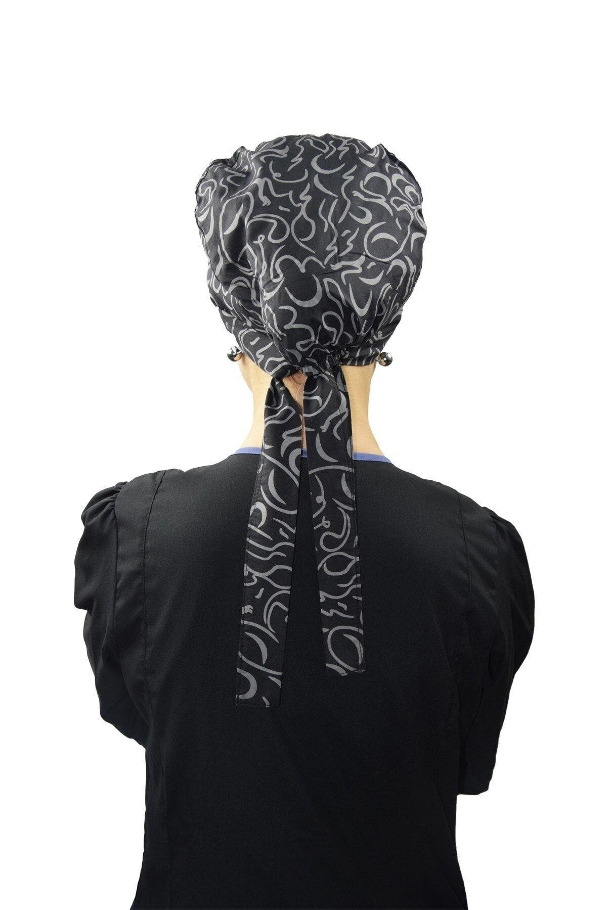 Kadın Tesettür Siyah Dalgalar Doktor Hemşire Hastane Aşçı Cerrahi Tesettür Bonesi-Nur Ortopedi