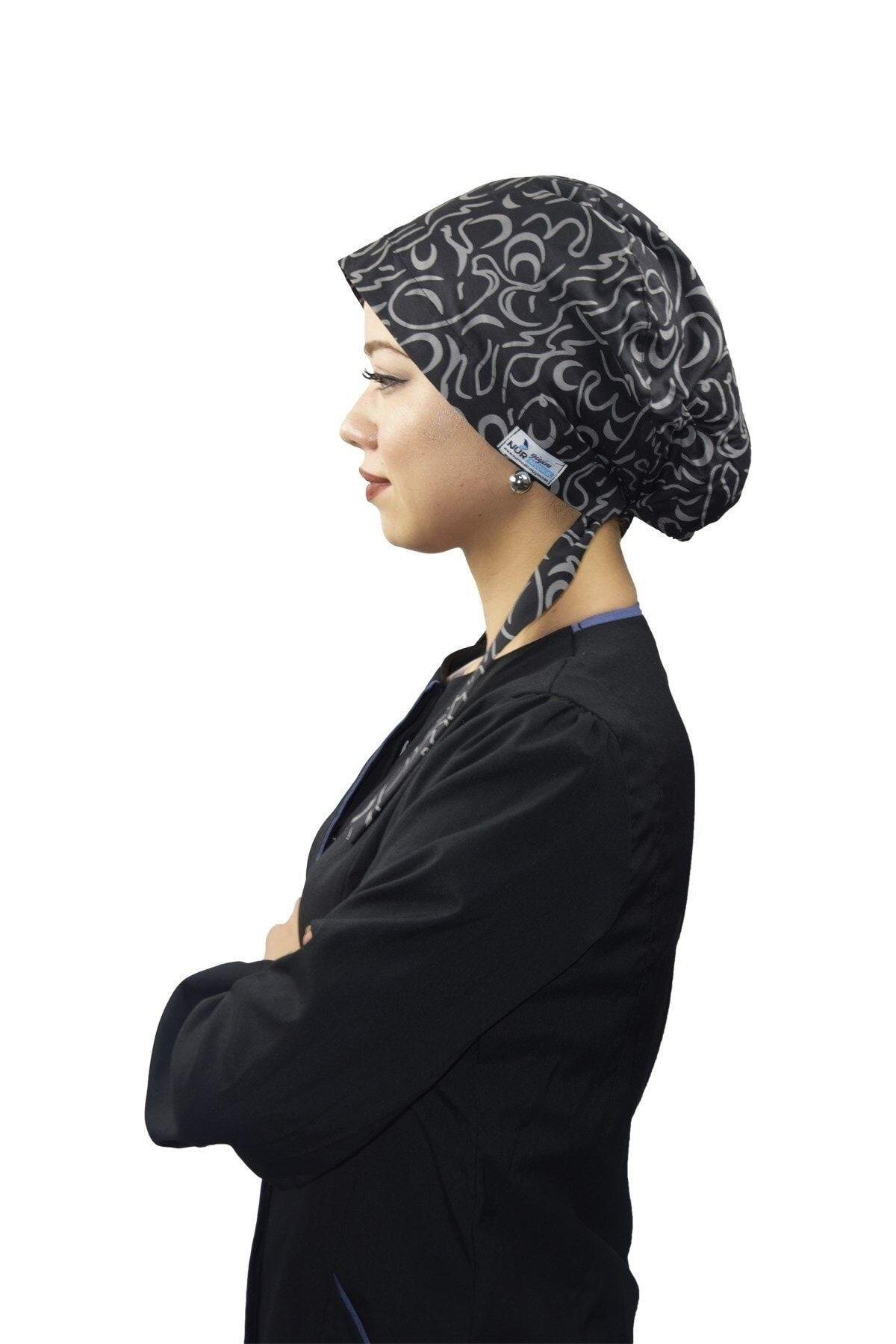 Kadın Tesettür Siyah Dalgalar Doktor Hemşire Hastane Aşçı Cerrahi Tesettür Bonesi-Nur Ortopedi