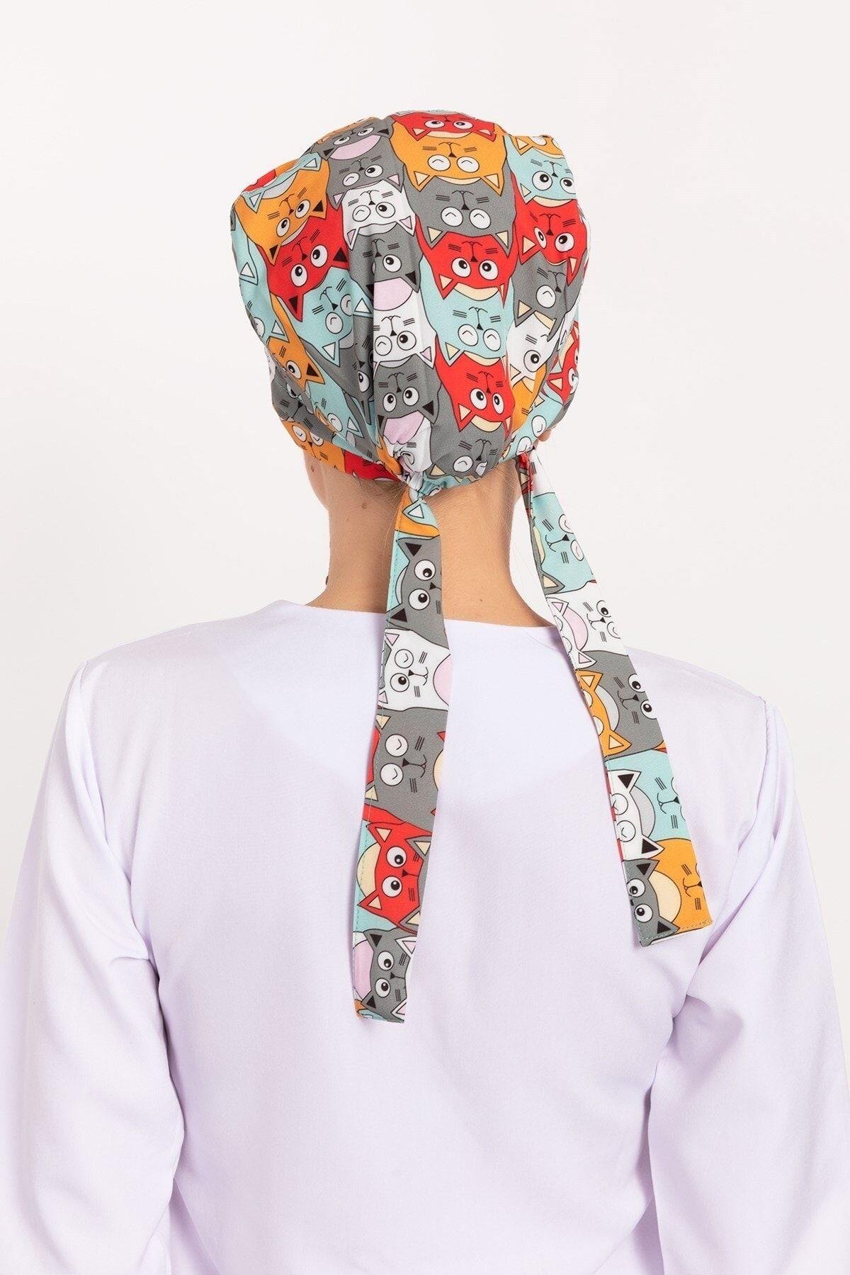 Kadın Turuncu Kedi Desenli Tesettür Doktor Hemşire Hastane Aşçı Cerrahi Bone-Nur Medikal Giyim