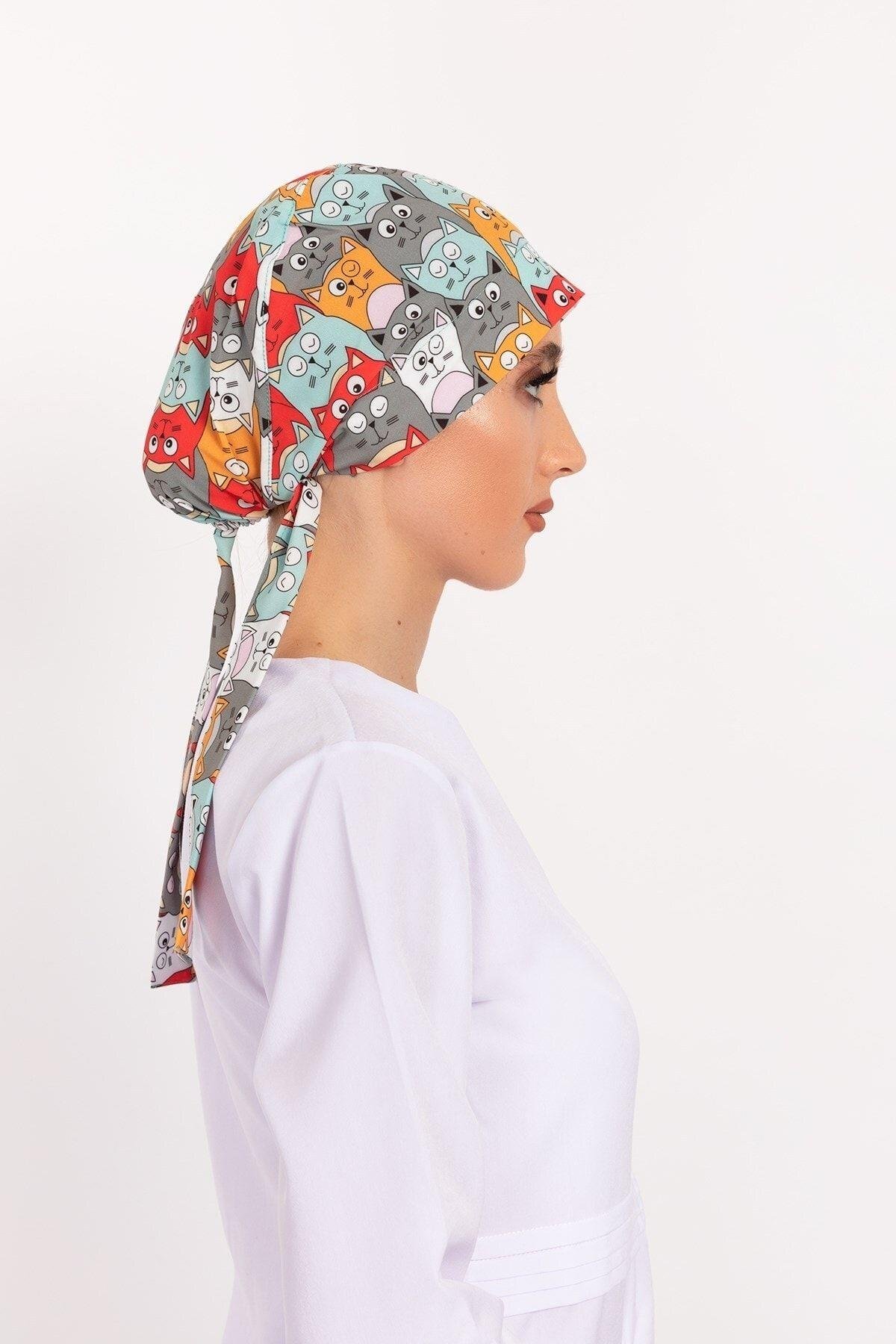 Kadın Turuncu Kedi Desenli Tesettür Doktor Hemşire Hastane Aşçı Cerrahi Bone-Nur Medikal Giyim