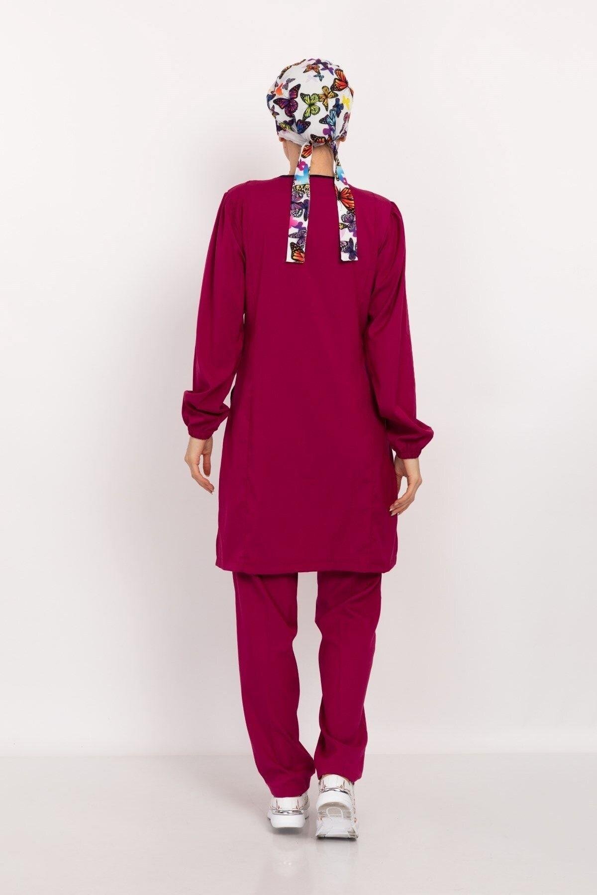Kadın Vişne Renk Soft Likra Tesettür Hemşire Doktor Hastane Takım-Nur Medikal Giyim