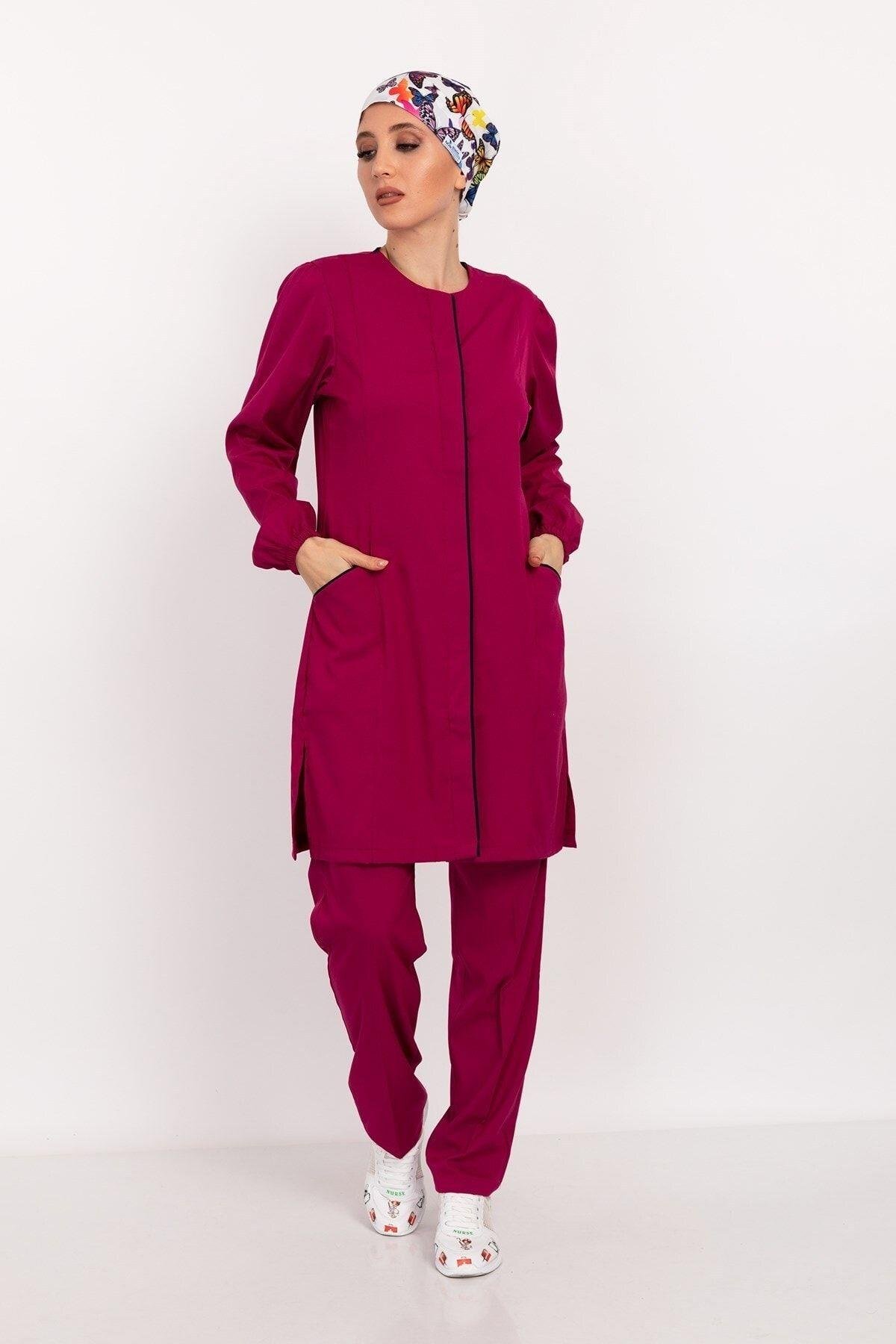 Kadın Vişne Renk Soft Likra Tesettür Hemşire Doktor Hastane Takım-Nur Medikal Giyim