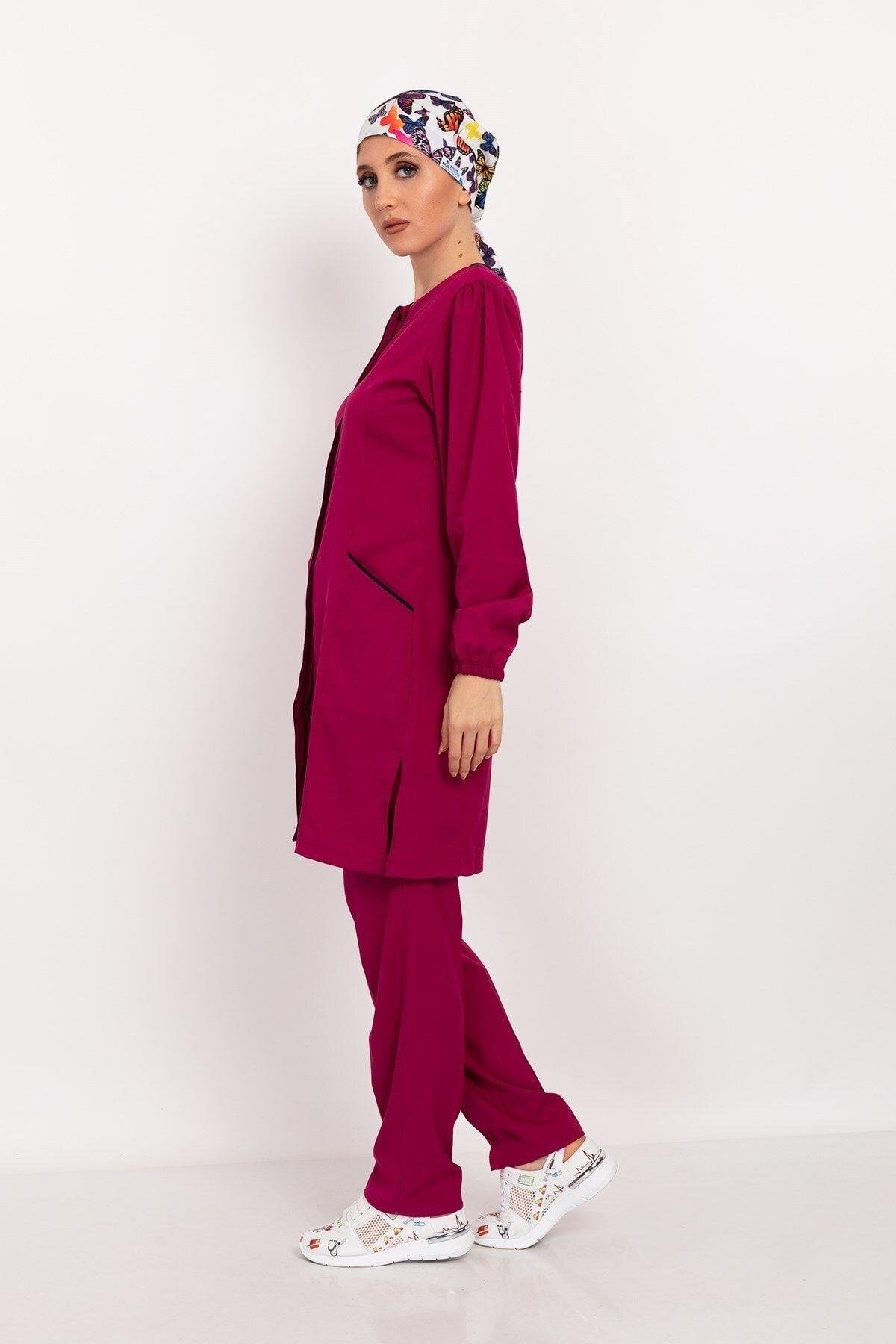 Kadın Vişne Renk Soft Likra Tesettür Hemşire Doktor Hastane Takım-Nur Medikal Giyim