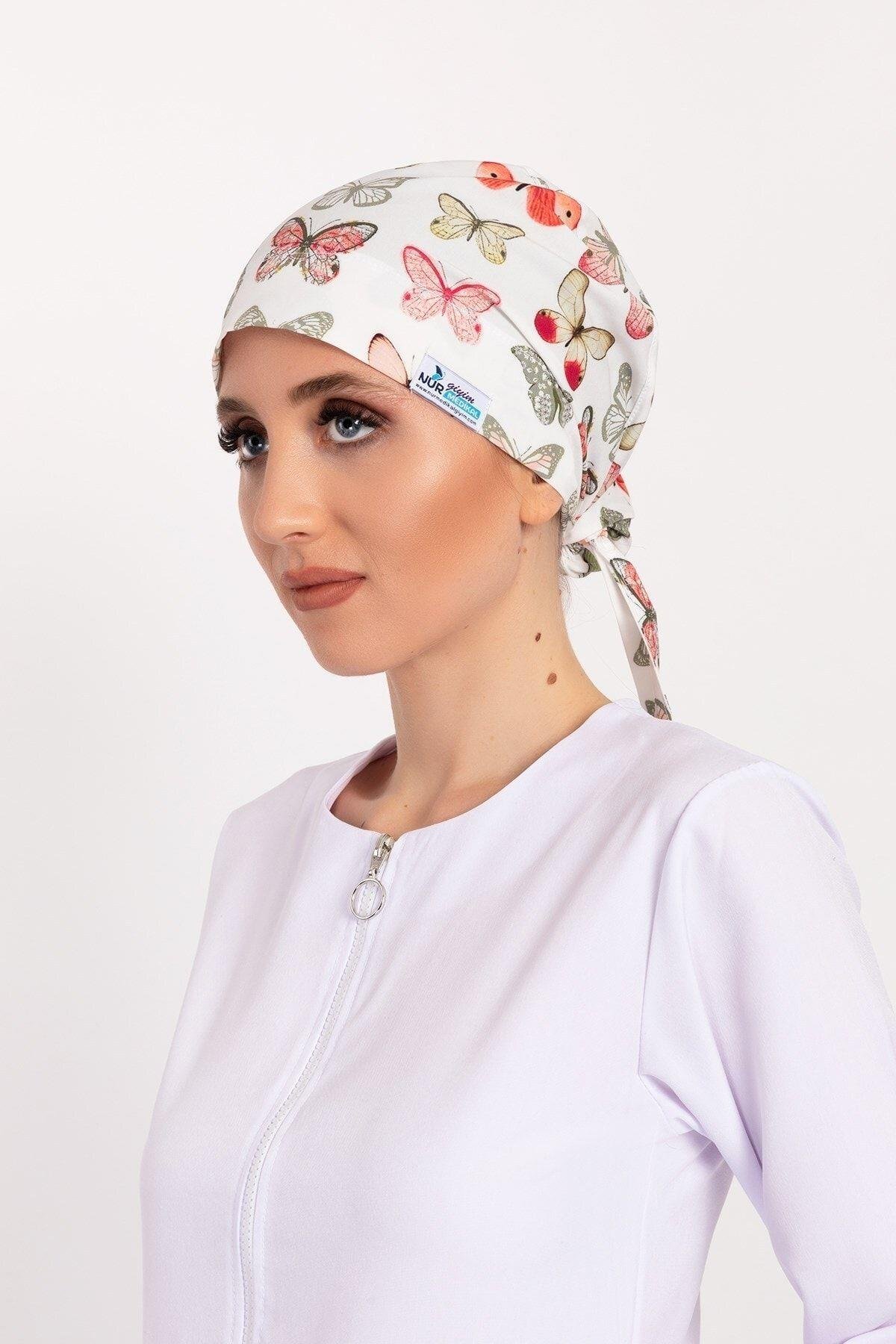 Kadın Yeşil Kelebek Desenli Tesettür Doktor Hemşire Hastane Aşçı Cerrahi Bone-Nur Medikal Giyim