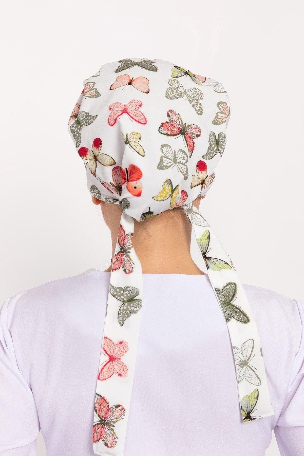 Kadın Yeşil Kelebek Desenli Tesettür Doktor Hemşire Hastane Aşçı Cerrahi Bone-Nur Medikal Giyim