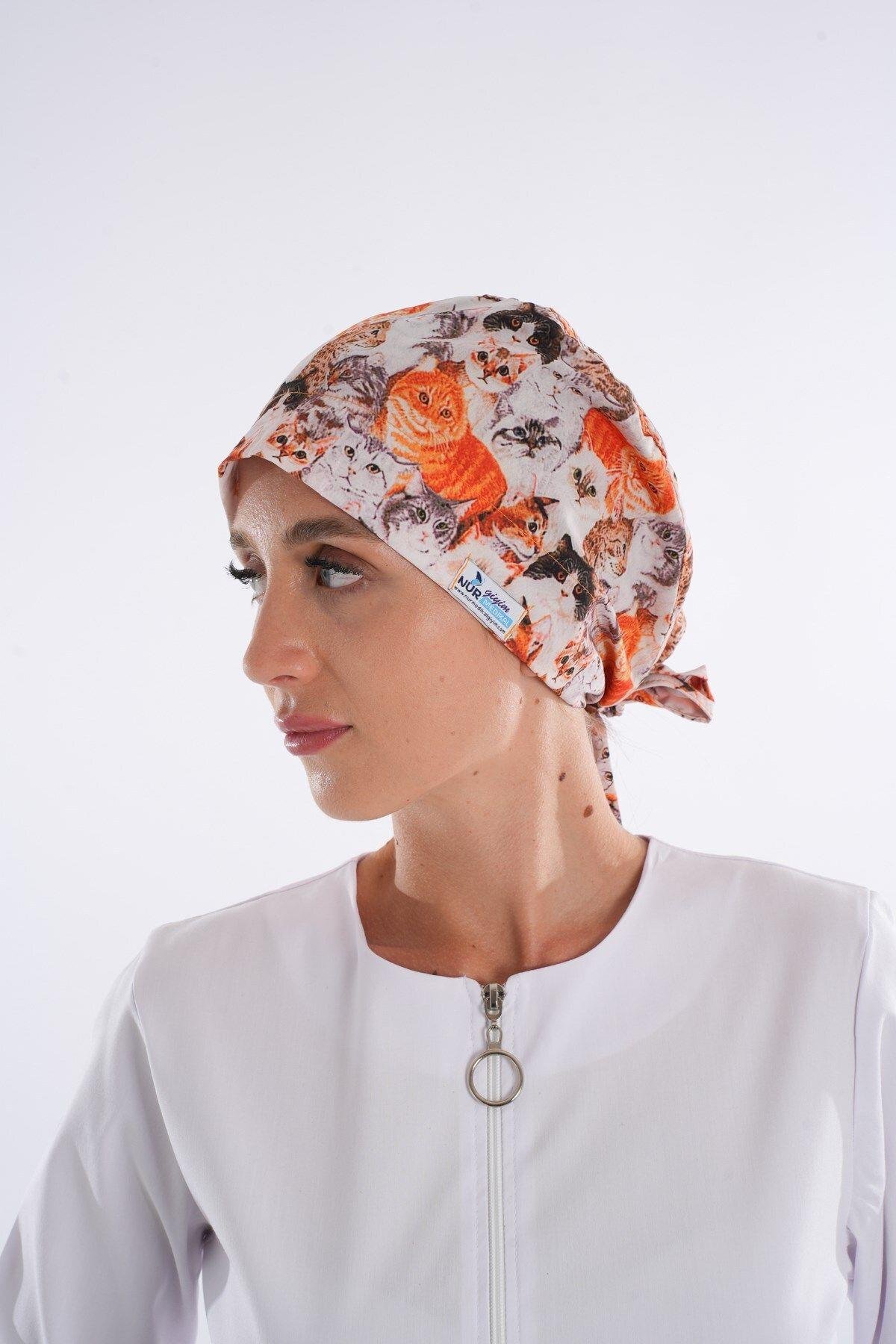 Kahve Kediler Desenli Tesettür Veteriner Doktor Hemşire Hastane Aşçı Cerrahi Bone-Nur Medikal Giyim