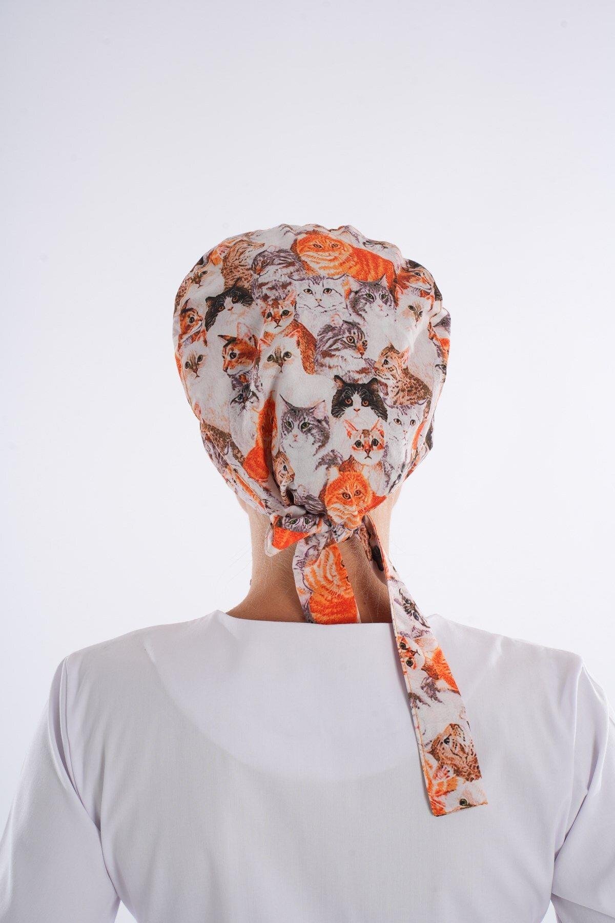 Kahve Kediler Desenli Tesettür Veteriner Doktor Hemşire Hastane Aşçı Cerrahi Bone-Nur Medikal Giyim