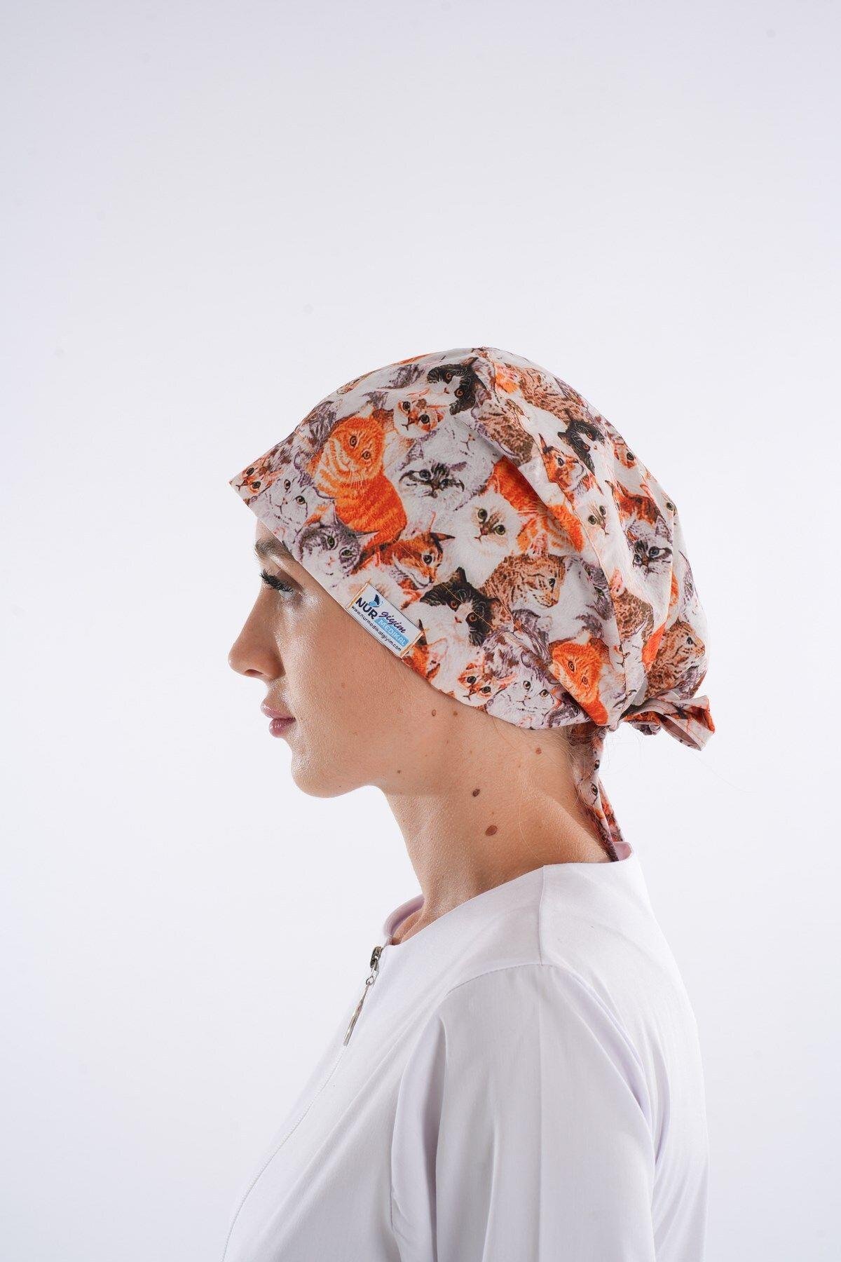 Kahve Kediler Desenli Tesettür Veteriner Doktor Hemşire Hastane Aşçı Cerrahi Bone-Nur Medikal Giyim