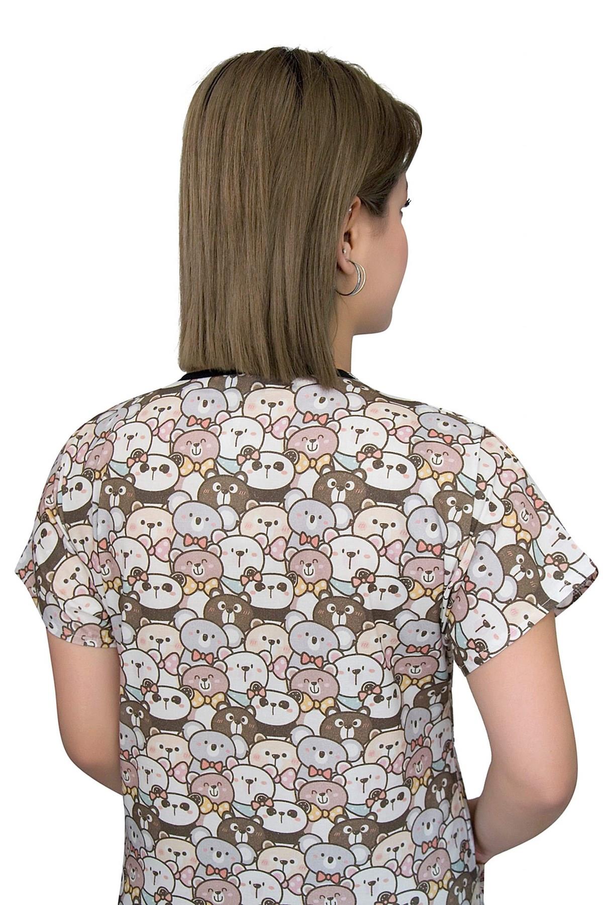 Kahverengi Ayıcık Desenli Pamuklu Master Likra Doktor Hemşire Tek Üst Forma-Nur Medikal Giyim