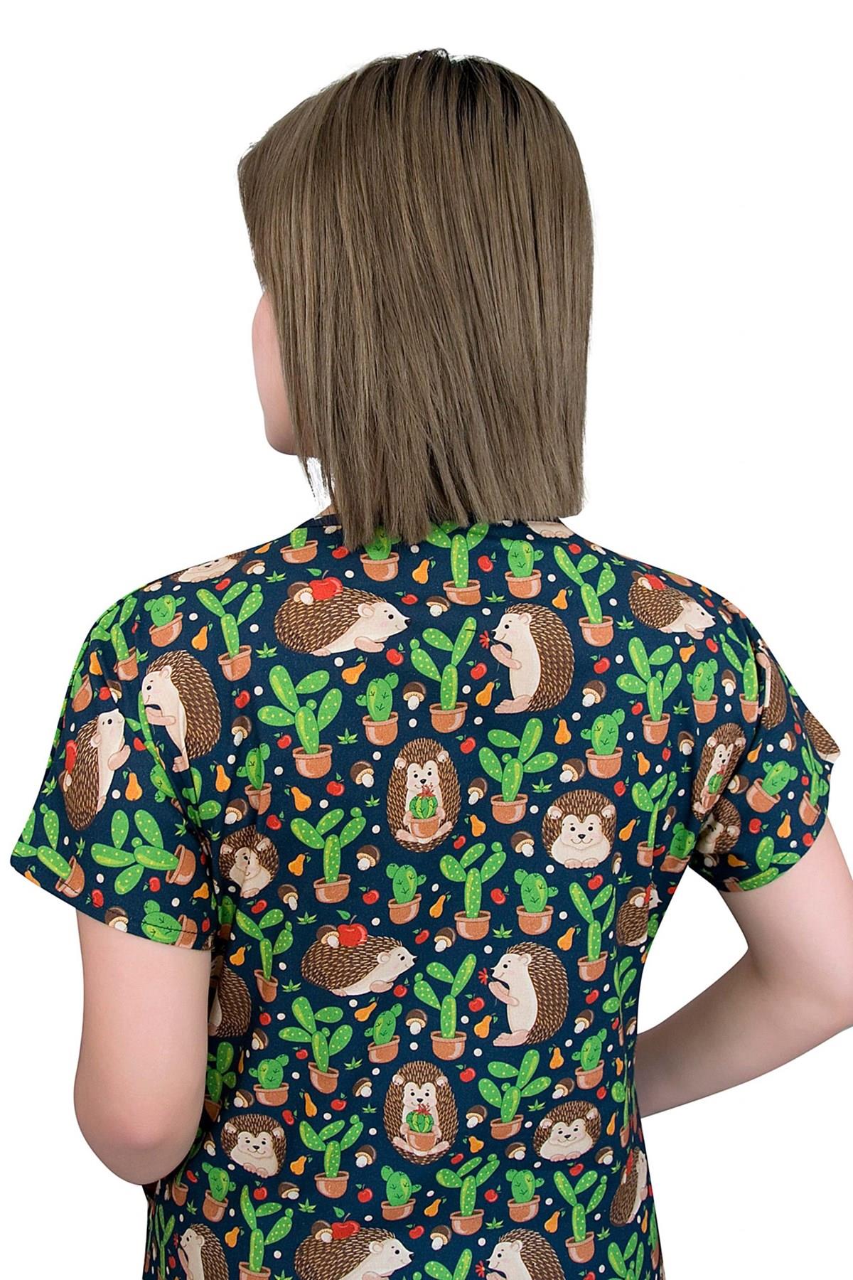 Kaktüs Kirpi Desenli Pamuklu Master Likra Doktor Hemşire Tek Üst Forma-Nur Medikal Giyim