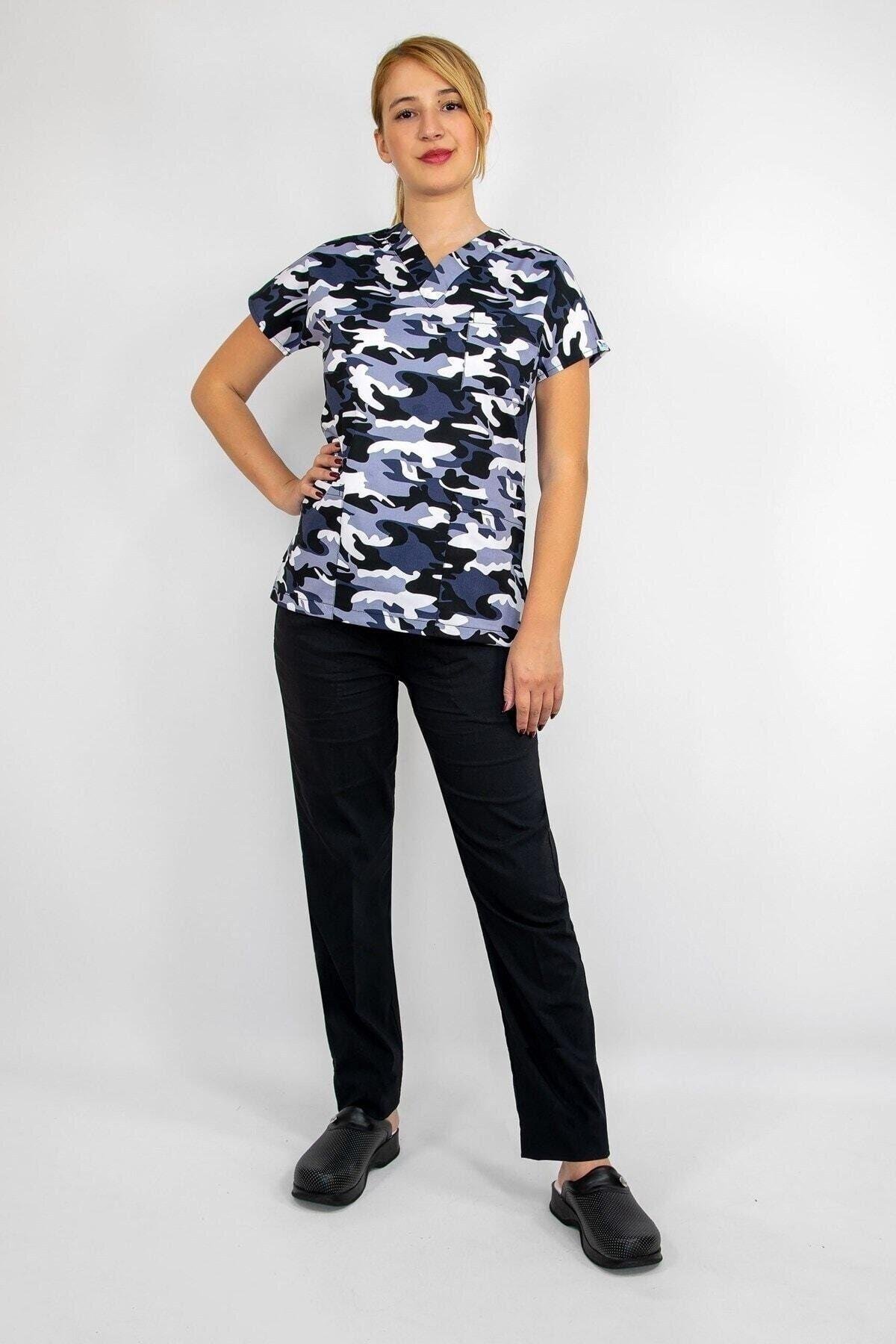 Kamuflaj Desenli Likralı Alt Üst Takım-Nur Medikal Giyim