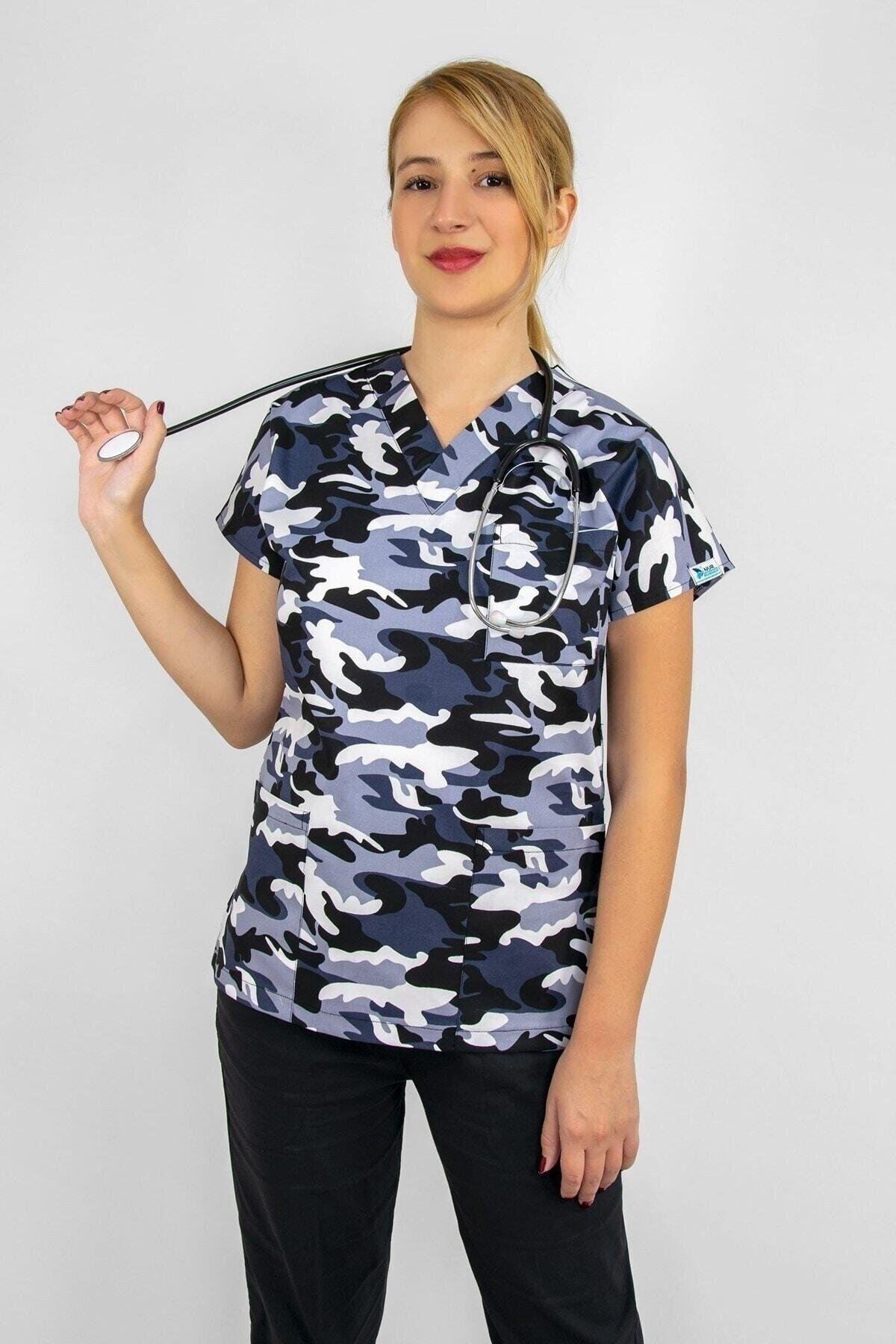 Kamuflaj Desenli Likralı Alt Üst Takım-Nur Medikal Giyim