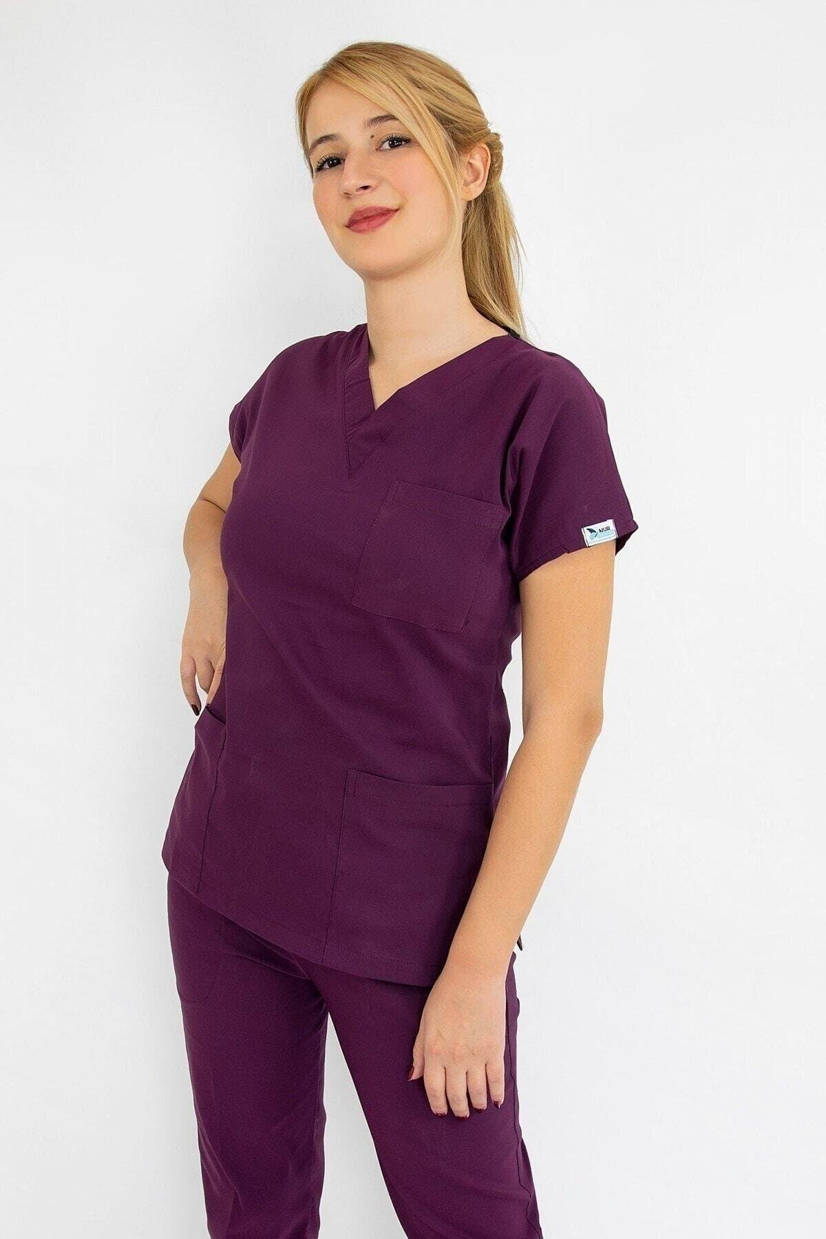 Karadut Rengi Likralı Alt Üst Takım-Nur Medikal Giyim