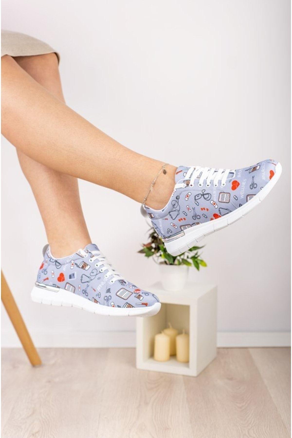 Keten Gri Nurse Life Hemşire Doktor Ortopedik Spor Ayakkabı-Nur Ortopedi