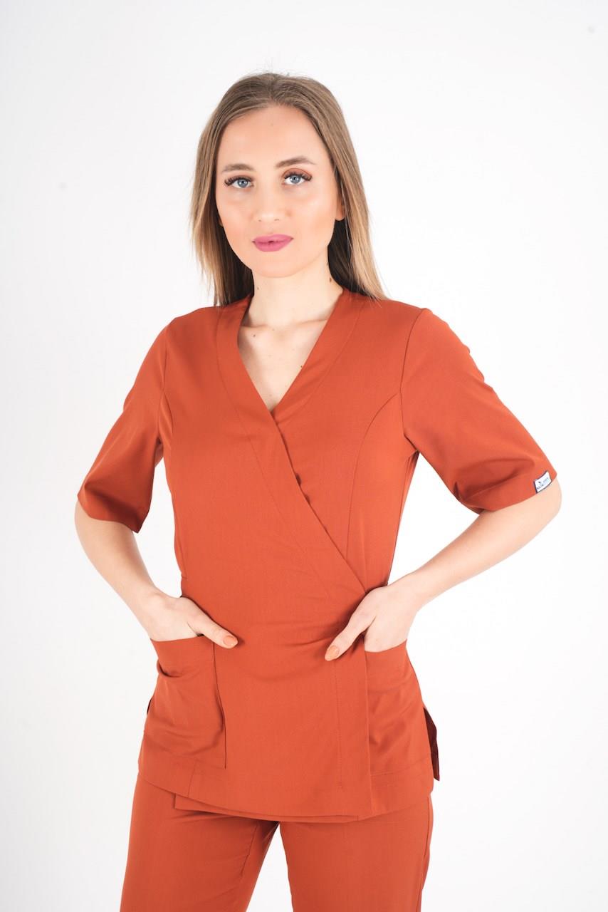 Kiremit Elegant Model Cerrahi Üniforma Belden Bağlamalı Scrubs Takım-Nur Medikal Giyim