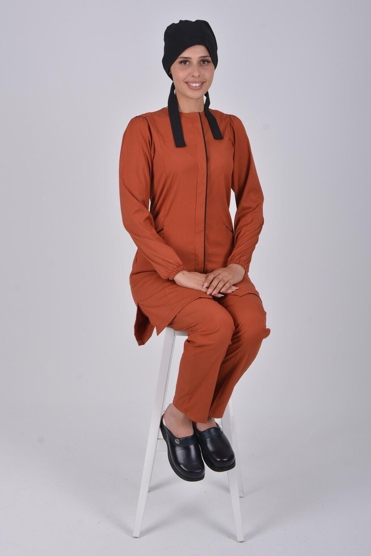 Kiremit Soft Likra Hemşire Doktor Tesettür Alt Üst Takım Üniforma-Nur Medikal Giyim