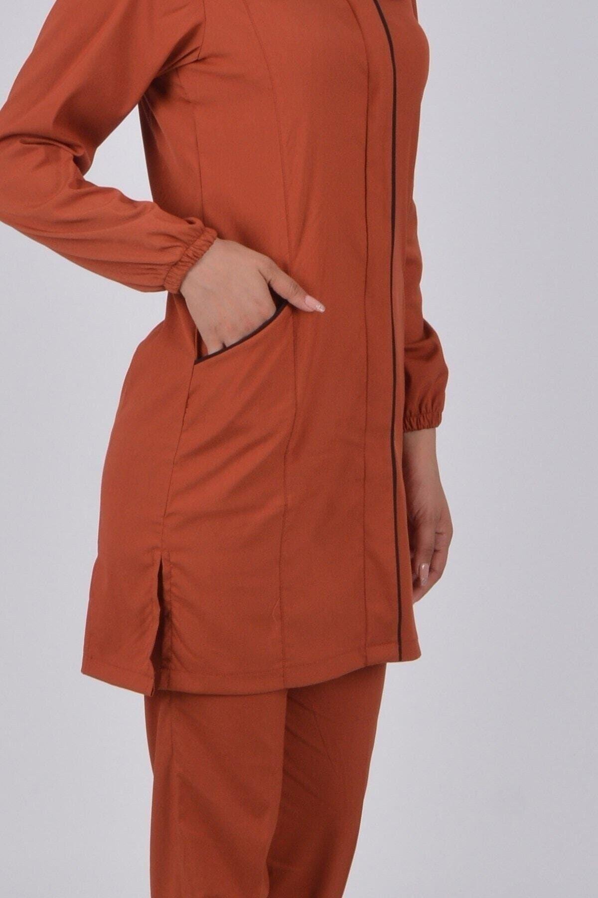 Kiremit Soft Likra Hemşire Doktor Tesettür Alt Üst Takım Üniforma-Nur Medikal Giyim