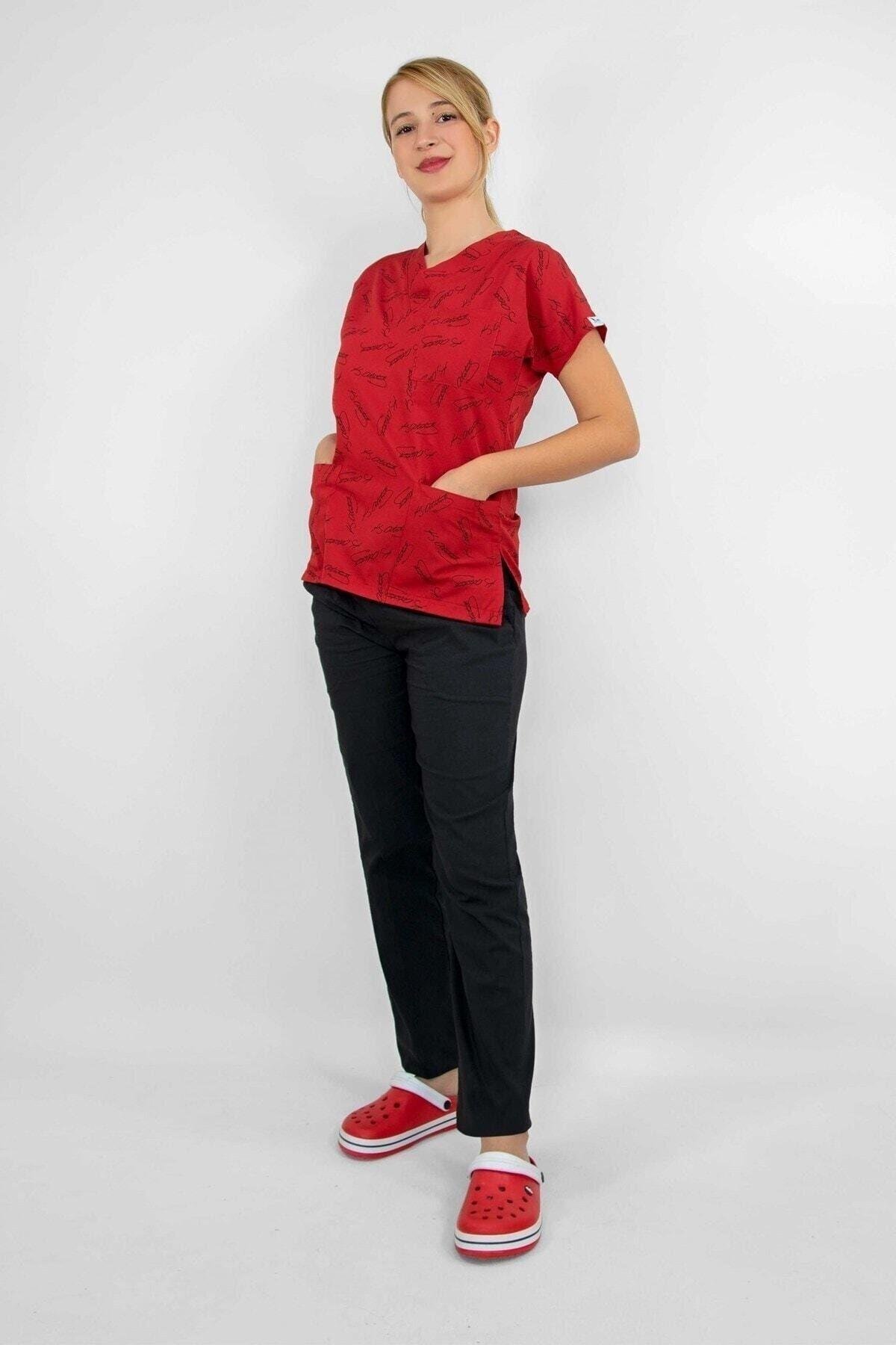 Kırmızı Atatürk Desenli Likralı Alt Üst Takım-Nur Medikal Giyim