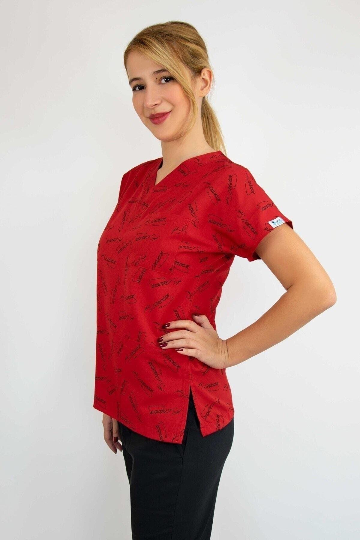 Kırmızı Atatürk Desenli Likralı Alt Üst Takım-Nur Medikal Giyim