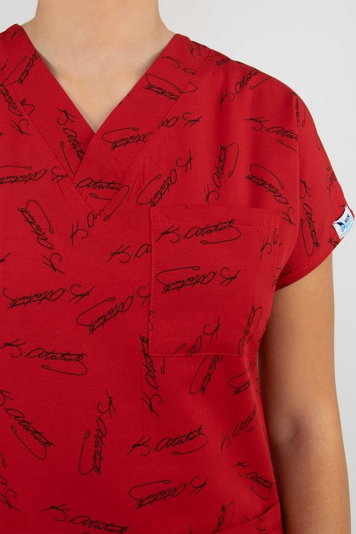 Kırmızı Atatürk Imzalı Cerrahi Forma Üst Hemşire Doktor Hastane Aşçı-Nur Medikal Giyim