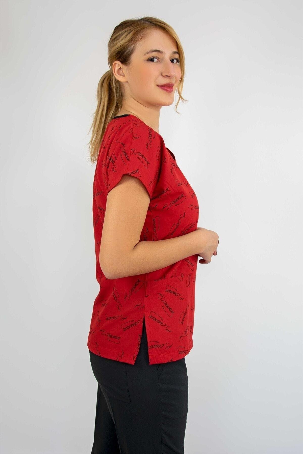 Kırmızı Atatürk Imzalı Cerrahi Forma Üst Hemşire Doktor Hastane Aşçı-Nur Medikal Giyim