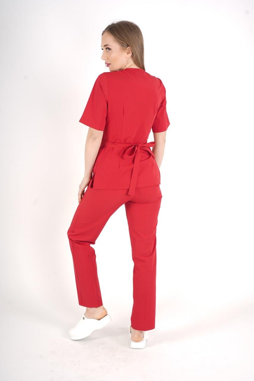 Kırmızı Elegant Model Cerrahi Üniforma Belden Bağlamalı Scrubs Takım-Nur Medikal Giyim