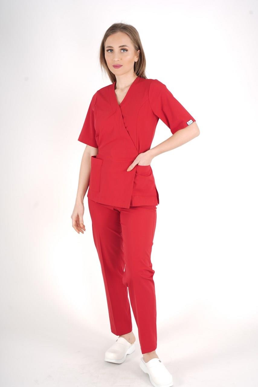 Kırmızı Elegant Model Cerrahi Üniforma Belden Bağlamalı Scrubs Takım-Nur Medikal Giyim