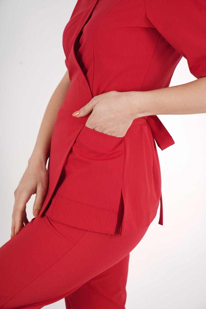 Kırmızı Elegant Model Cerrahi Üniforma Belden Bağlamalı Scrubs Takım-Nur Medikal Giyim