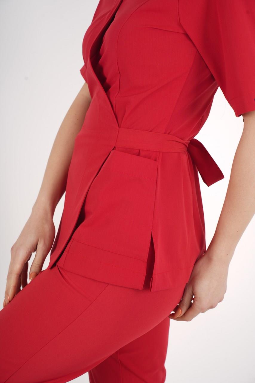 Kırmızı Elegant Model Cerrahi Üniforma Belden Bağlamalı Scrubs Takım-Nur Medikal Giyim