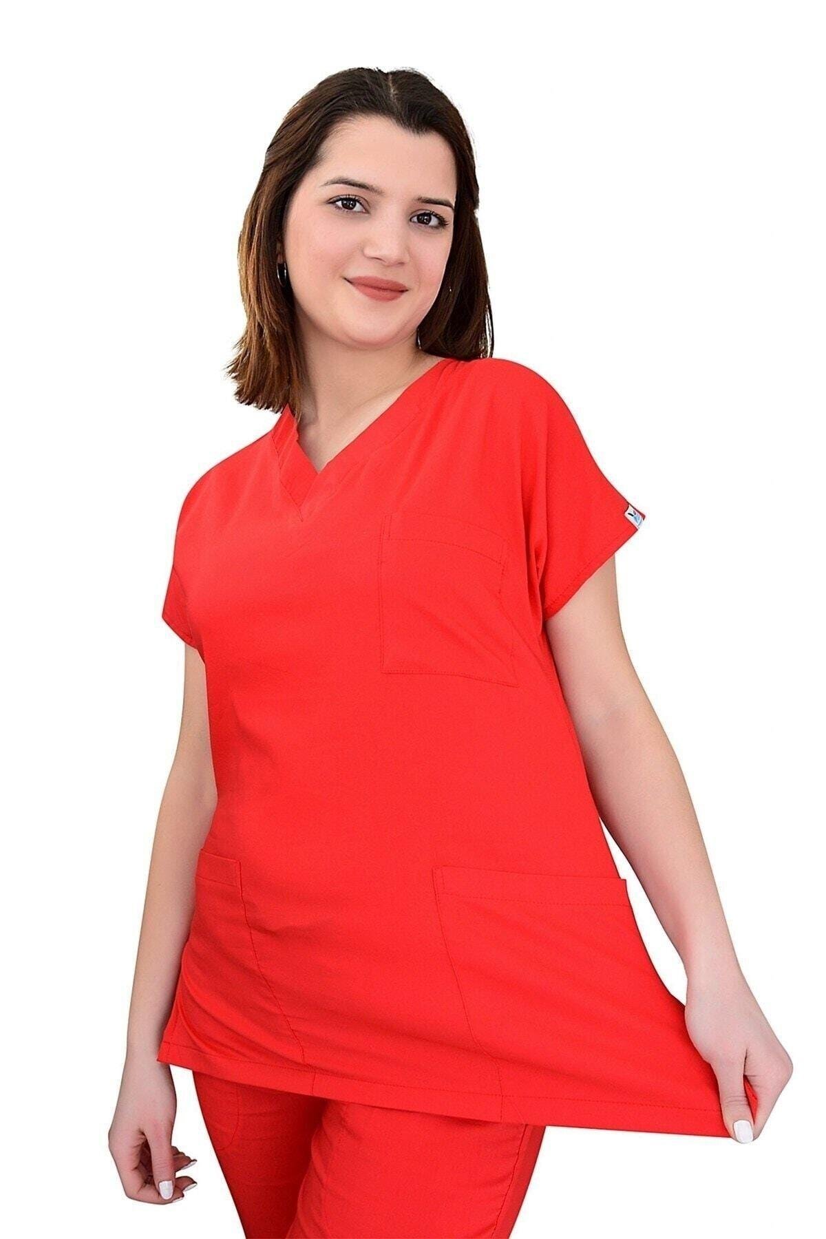 Kırmızı Likralı Üst Forma-Nur Medikal Giyim