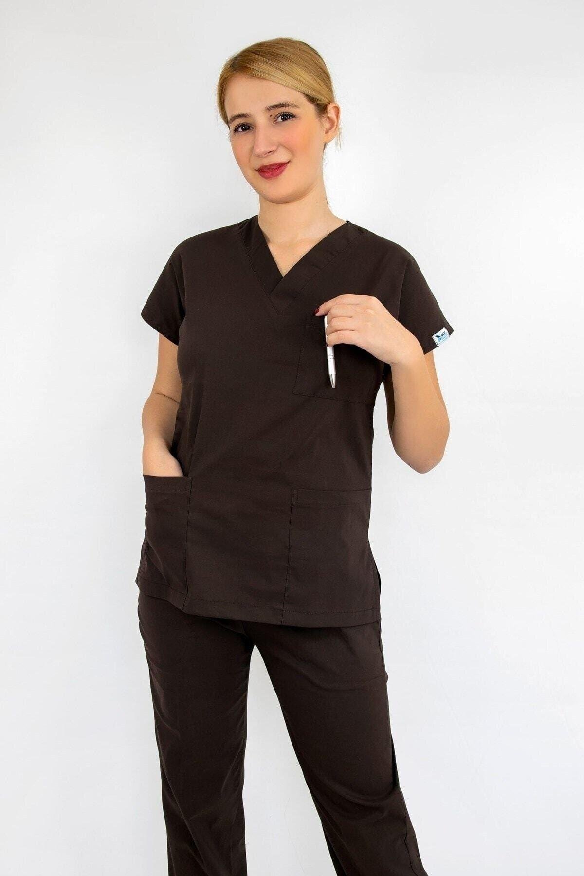 Koyu Kahve Likralı Üst Forma-Nur Medikal Giyim