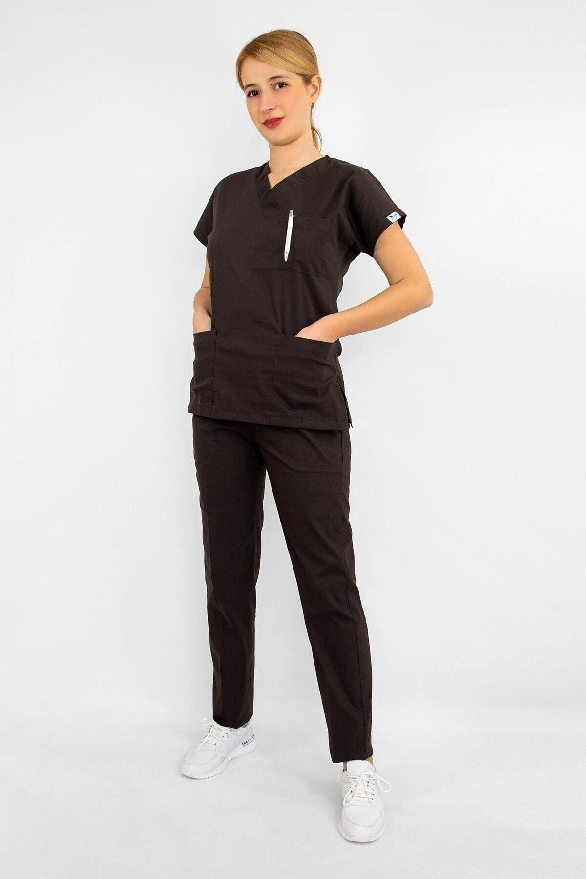 Koyu Kahverengi Likralı Alt Üst Takım-Nur Medikal Giyim